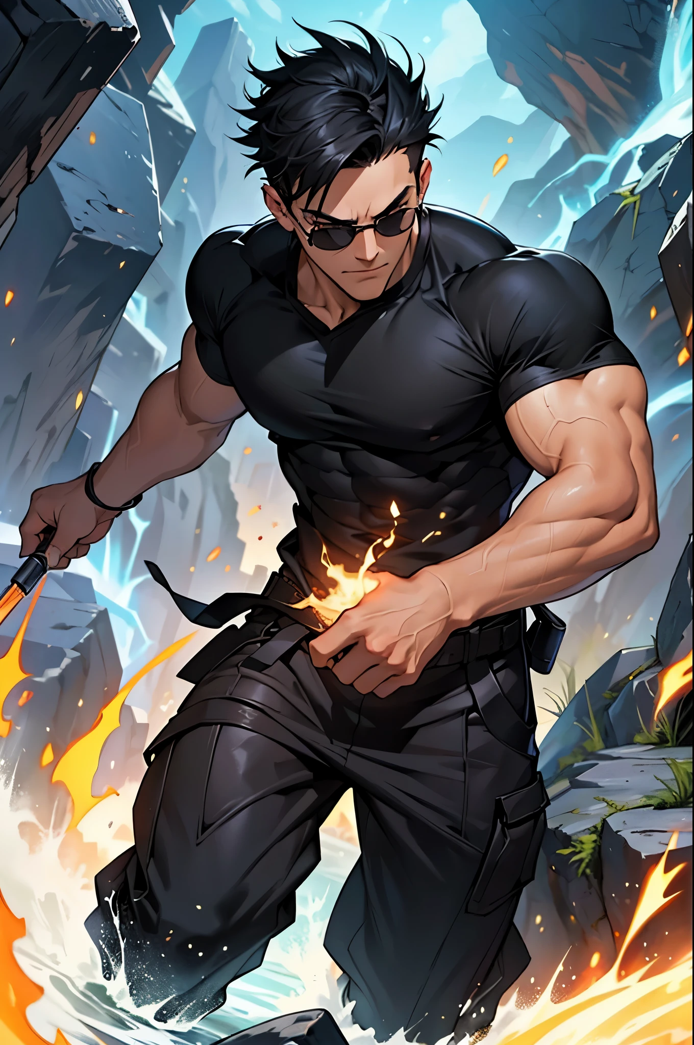 Kai is a young guy with black hair, stern face and oval head shape. He has a short boyish hairstyle, which adds mystery to him. He always wears black sunglasses, which give him a mysterious and confident look. He always wears black pants and a T-shirt, which emphasizes his athletic figure. His shoulders aren't too broad, triangular chin, and the temples are shaved, adding severity to his appearance.
However, on his body you can see an incredible phenomenon - it consists of 5 elements: Stone, Fire, Water, air and electricity. These elements cover his body, he looks like a living natural element. His hands are particularly heavily covered in these elements, which makes him even more mysterious and powerful.
Kai always looks confident and determined, with serious face expression, which is softened a little by a small smile. He's like a living element, always ready for action and incredibly powerful.