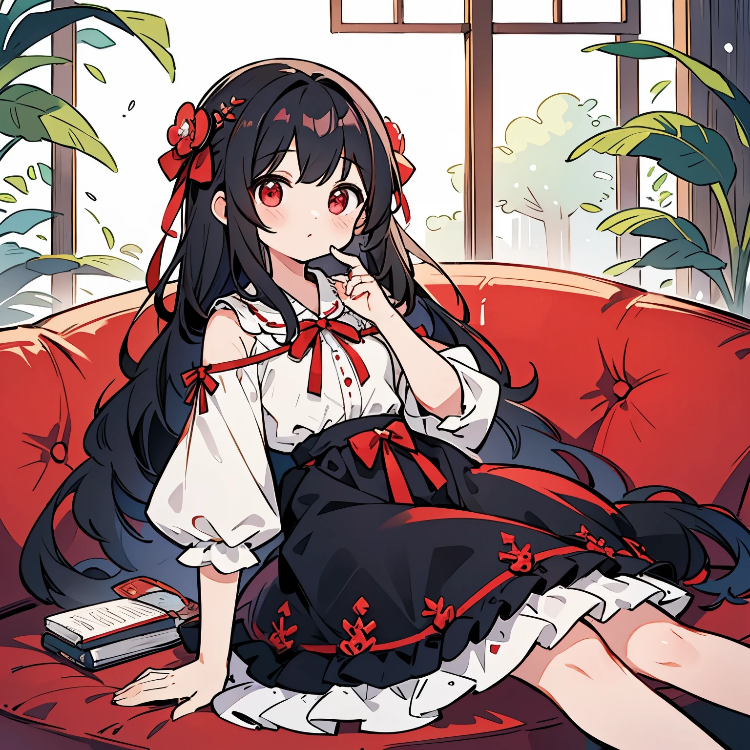 1 person、girl、red髪ロング、Ribbon hair ornament、sitting on the sofa、looking at the camera、dress、color palette(red、black hair、white)、Princess