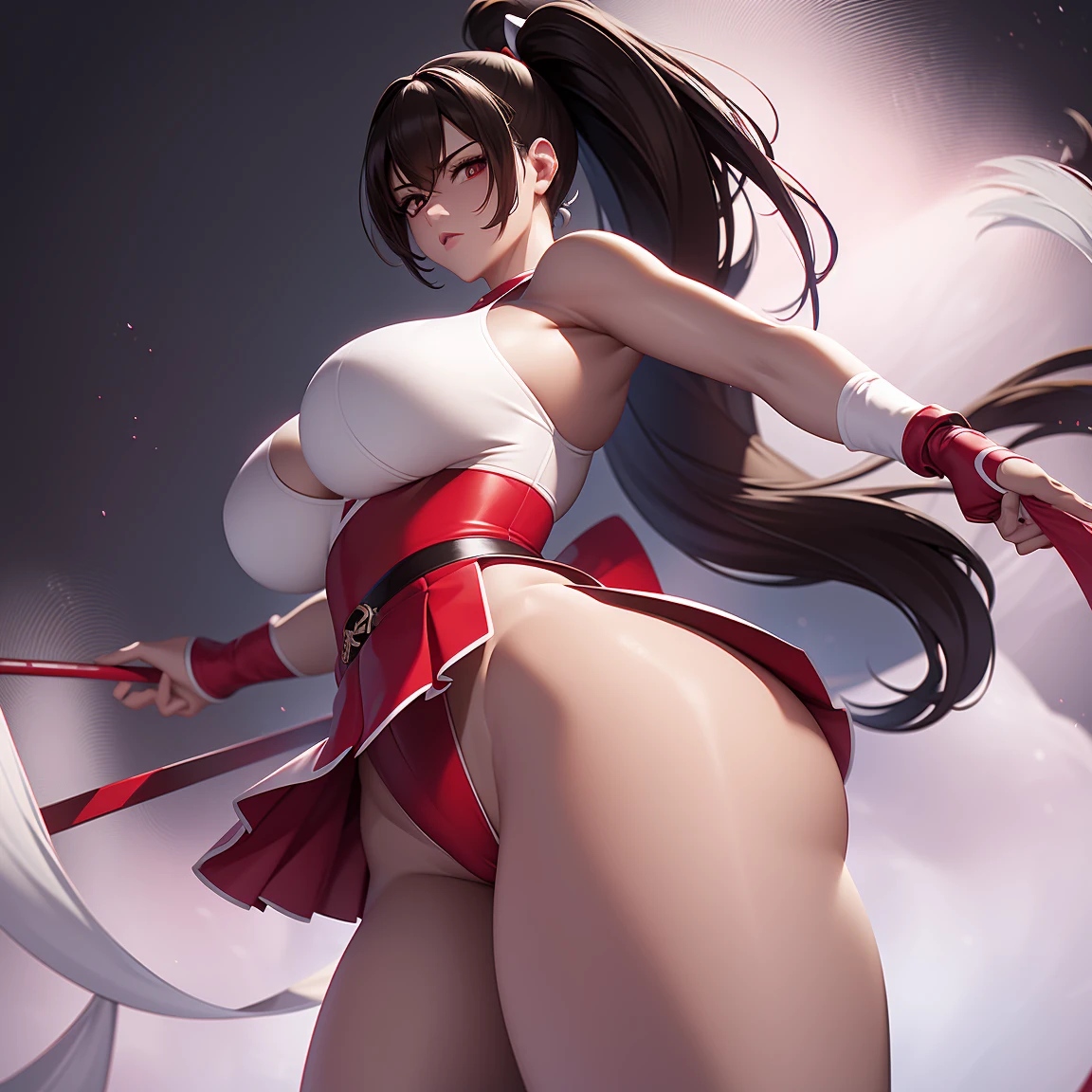 8k, Super details, precise, best quality, masterpiece, Super details, high detail, high quality, best quality, high resolution ,1 girl,huge tituscular body,Lift up the red split skirt,Revealing thong,high ponytail,White analysis,Cool colors,Qi bangs,Lovely