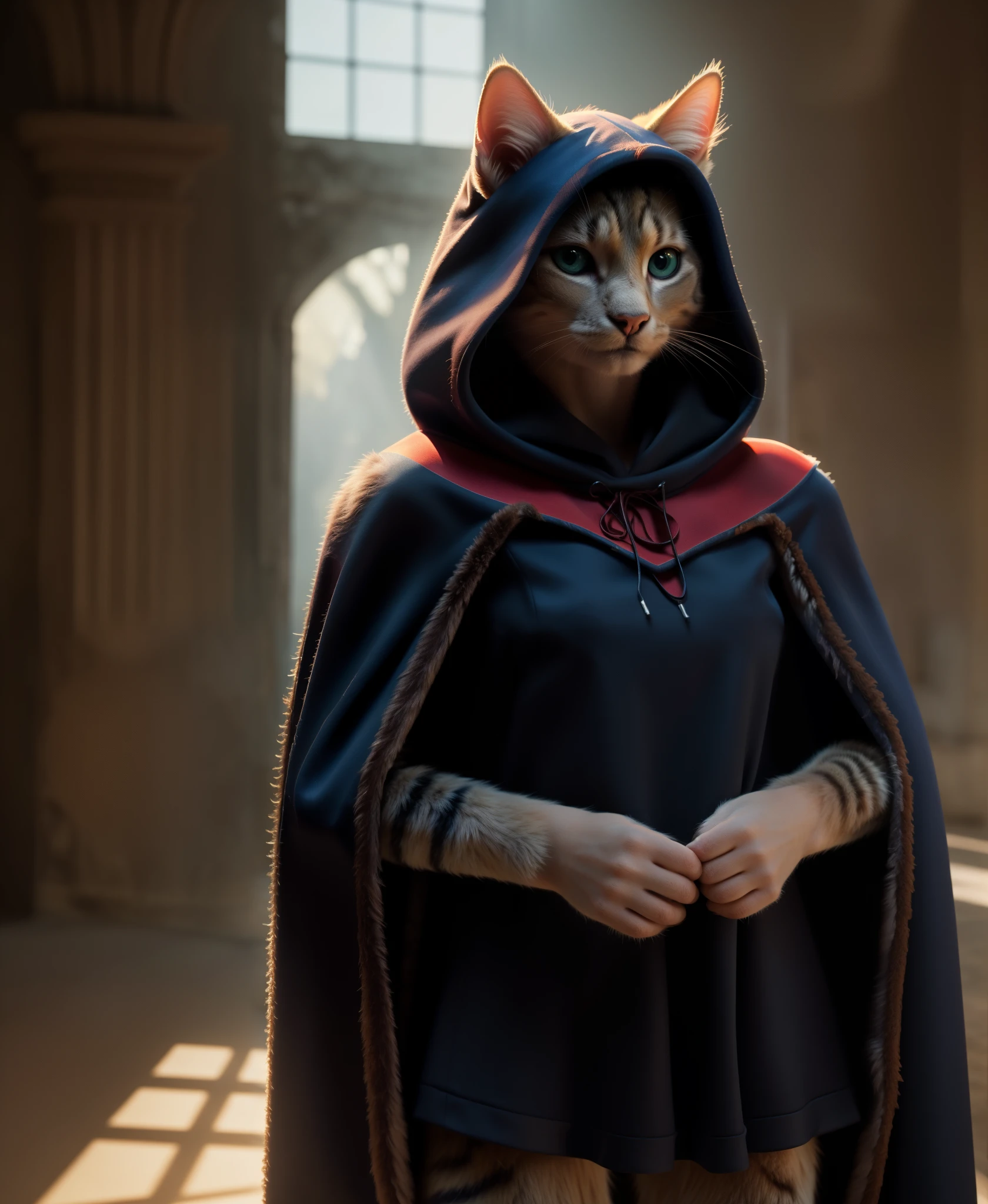 anthro, female, cat, (fur:1.2), messy hair, bottomless, closed smile, (cape:1.2), (hood:1.1), digitigrade, detailed background,  cat ears, 
BREAK
detailed fur, realistic fur, neat limbs, glistering fur, detailed fingers, detailed snout, detailed eyes, 
masterpiece, detailed lighting, detailed shadows, realistic lighting, realistic shadows, warm soft light, subsurface scattering, light rays