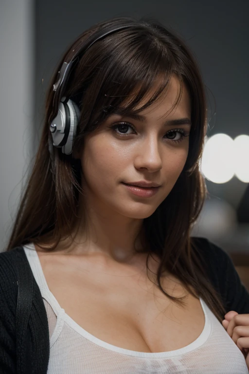 Portrait of Isabel: (best quality, 4k, 8k, high resolution, artwork: 1.2), ultra-detailed, (realistic, photorealistic, photorealistic: 1.37), HDR, Ultra HD, studio lighting, vivid colors, Bokeh, Portraits, perfect hands, stunning smiling woman, side bangs, perfect teeth, perfect face, perfect hand, perfect body, torso, blue headphones, listening to music. This artwork of the highest quality, ultra-detailed and perfect for an 8k HDR wallpaper. Featuring brilliant lighting with sharp focus and intricate details.