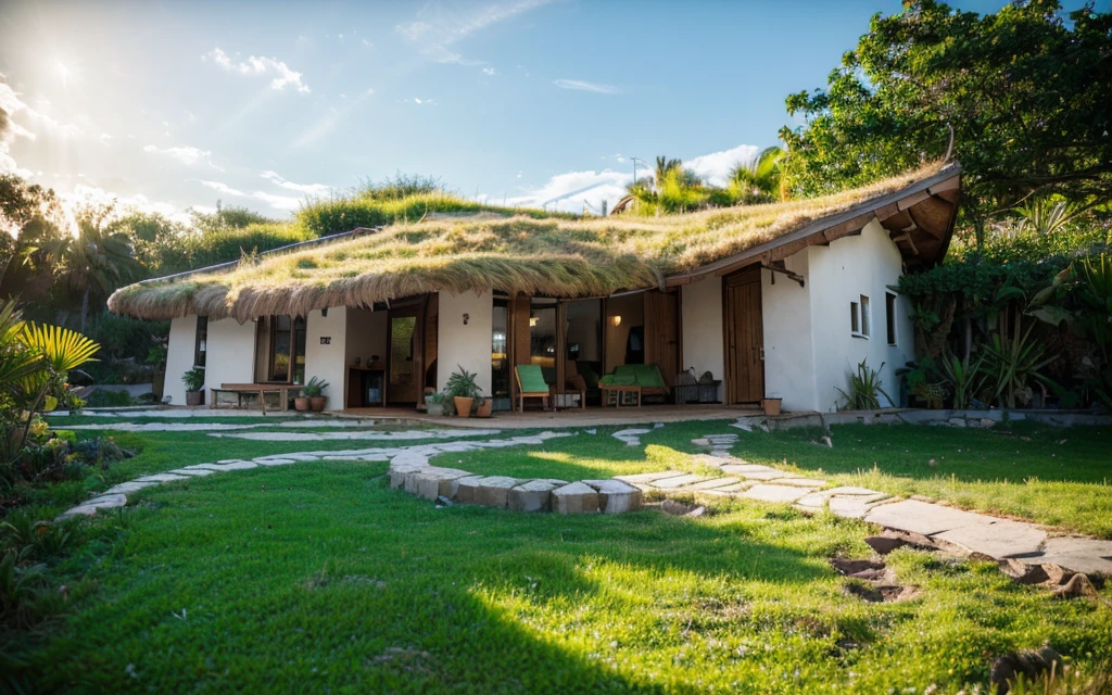 A photograph of a symmetrical contemporary house with (((one hyperbolic paraboloid waved green roof))) and (((biological pool))) and ((base wall foundation)) in a tropical backyard, mustard yellow terracota plaster walls (((rustic clay stucco))), ((corner walls rounded)), ((rustic clay plaster)), (((terracotta walls with rounded corners, organic curves))), (((rustic earth plaster, mud))), (((hyperbolic-shaped green roof with wooden edge))), (((wooden roof structure, wooden rake, wooden fascia board))), eaves, ((roof with wooden structure)), In Bahia (((tropical garden))), ((natural houses, organic buildings, organic architecture)), ecovillage, sustainable architecture, bioconstruction architecture, solarpunk architecture, (((grass roof, green roof, green wave roof, rounded roof, vegetated roofs))), (((rock base foundation wall, foundation height 30cm, stone base wall 30cm high))), ((green architecture)), passive house, clear sky in the background, painful beauty, modern, imposing, green house, ((Bali hobbit Hadid Style)), super resolution, cinematic, color grading, editorial photography, photography, photo shoot, (((dramatic front eye top angle view))), O 50mm, depth of field, intricate details, natural colors, sharp focus, warm light, shutter speed 1/1000, F/22, White Balance, Ray Trace Reflections, Lumen Reflections, Screen Space Reflections, Diffraction Rating, Chromatic Aberration, GB Shift, Partial Lighting, Backlighting, Daylighting, Scan Lines, ambient occlusion, antialiasing, shaders, OpenGL-Shaders, GLSL-Shaders, Post-processing, post-production, shading, tone mapping, incredibly detailed and complex, hypermaximalist, elegant, hyperrealistic, super detailed, dynamic pose, Fujifilm XT