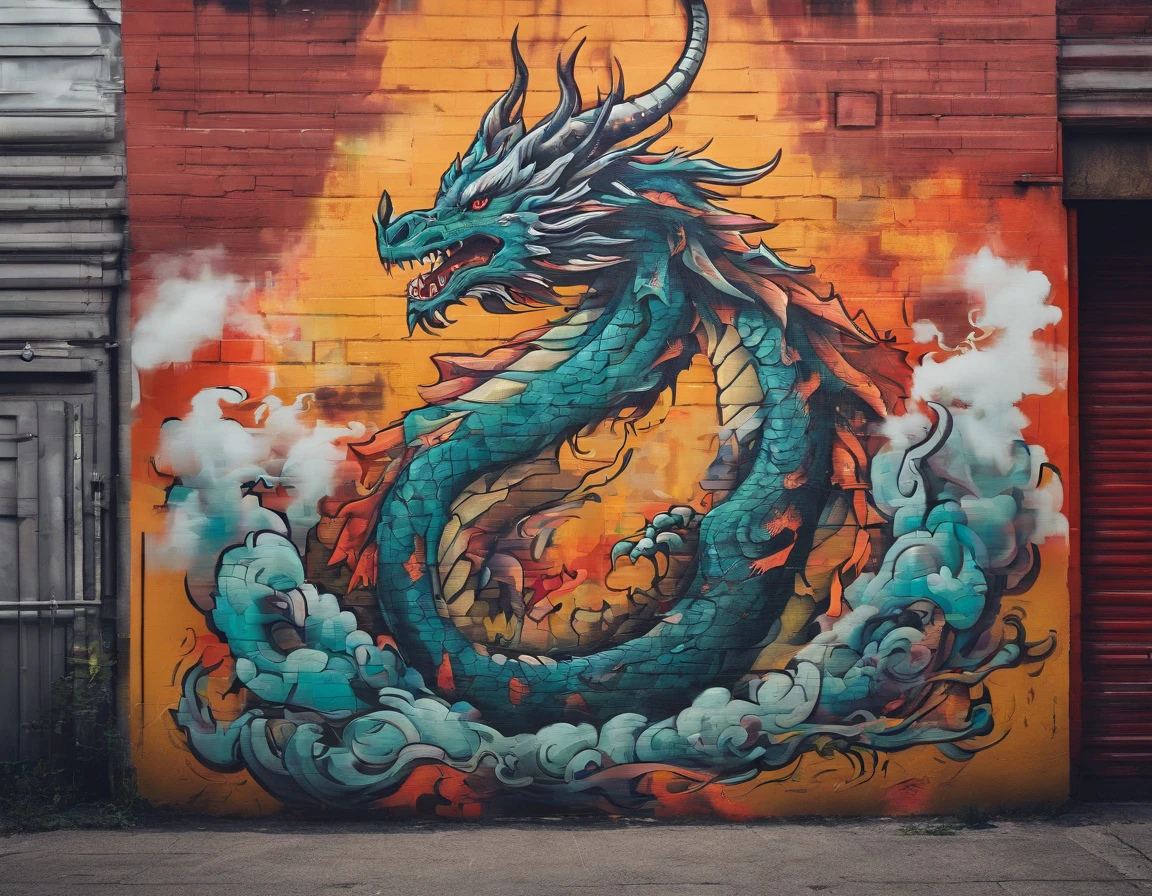 Drop Art , Cinematic scene - filmed in the dark,(extremamente detalhado), oriental dragon high resolution mural painting, grafite colorido,(( Drop Artdinâmico)) and vivid, cores vibrantes, pinceladas expressivas, vibe de arte de rua.