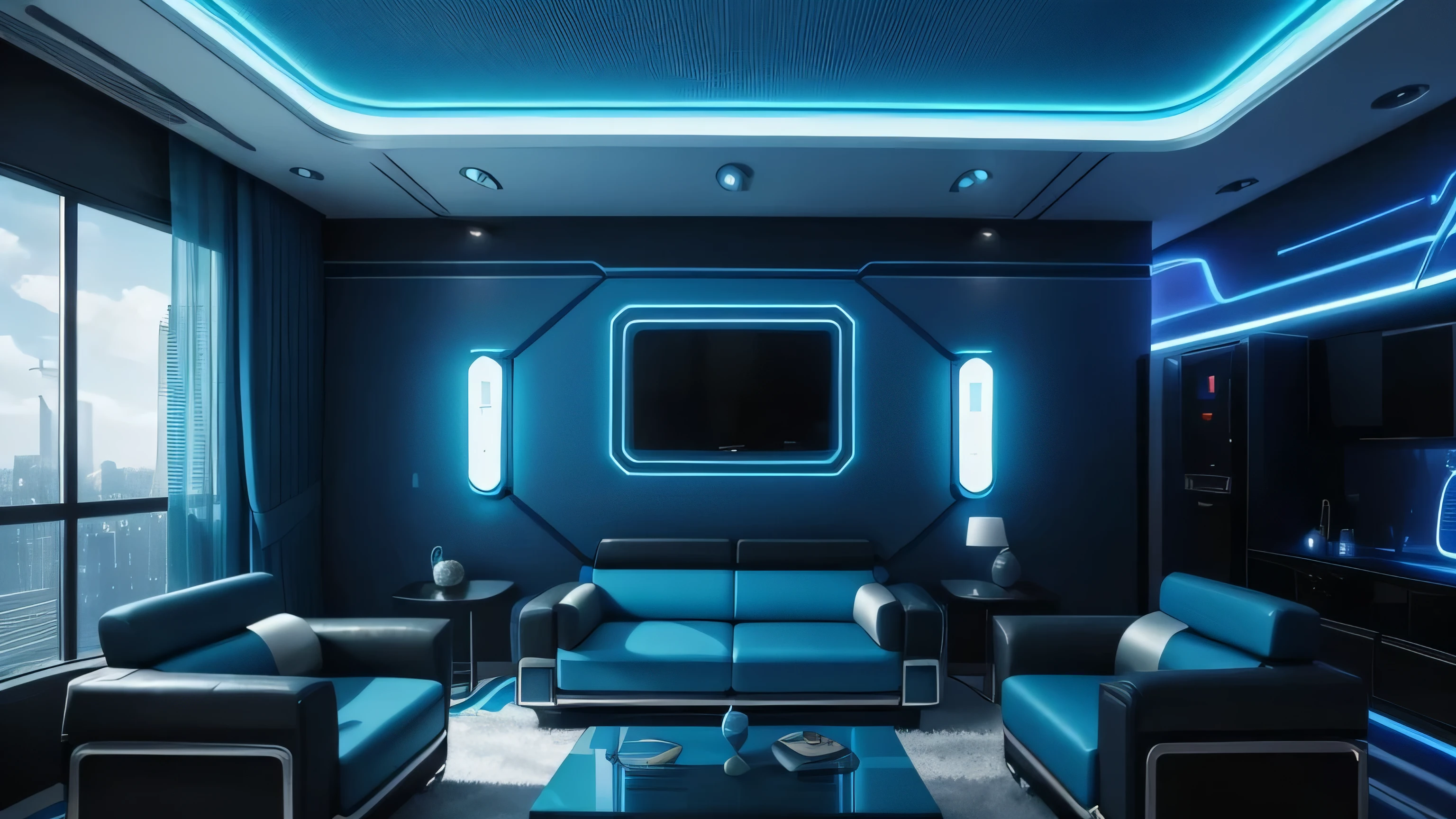 a view of a living room with a couch and a table, futuristic room, futuristic setting, futuristic decoration, futuristic looking living room, blue dystopian futurism, blue cyberpunk colors, futuristic but colorful shading, in style of beeple, beeple colors, futuristic aesthetic, futuristic art style, sci-fi aesthetics, inspired by Beeple