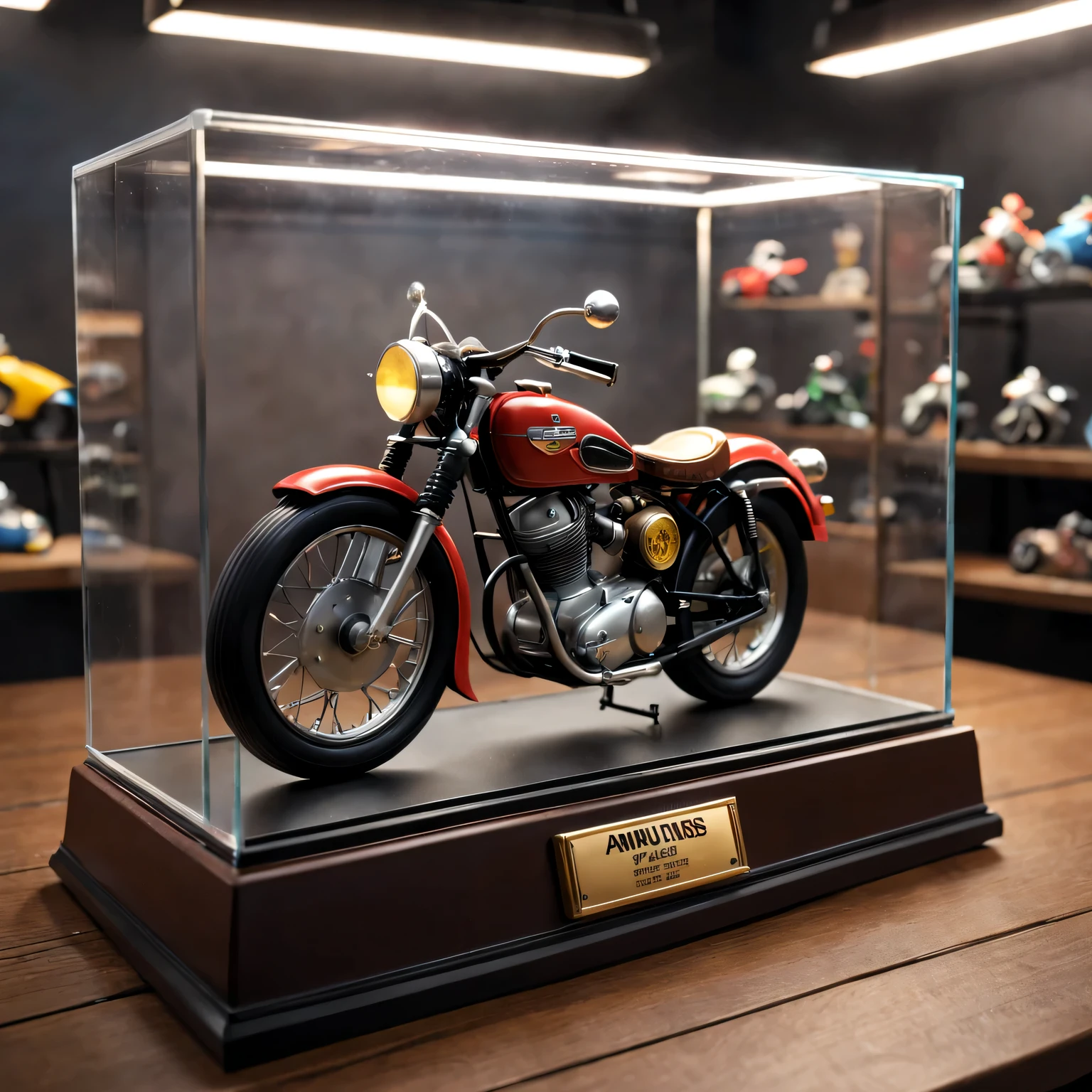  in glass display case，American retro miniature toy desktop, Steampunk style girl,toy motorcycle, movie lighting, Pixar, anime style,best quality,super detailed,