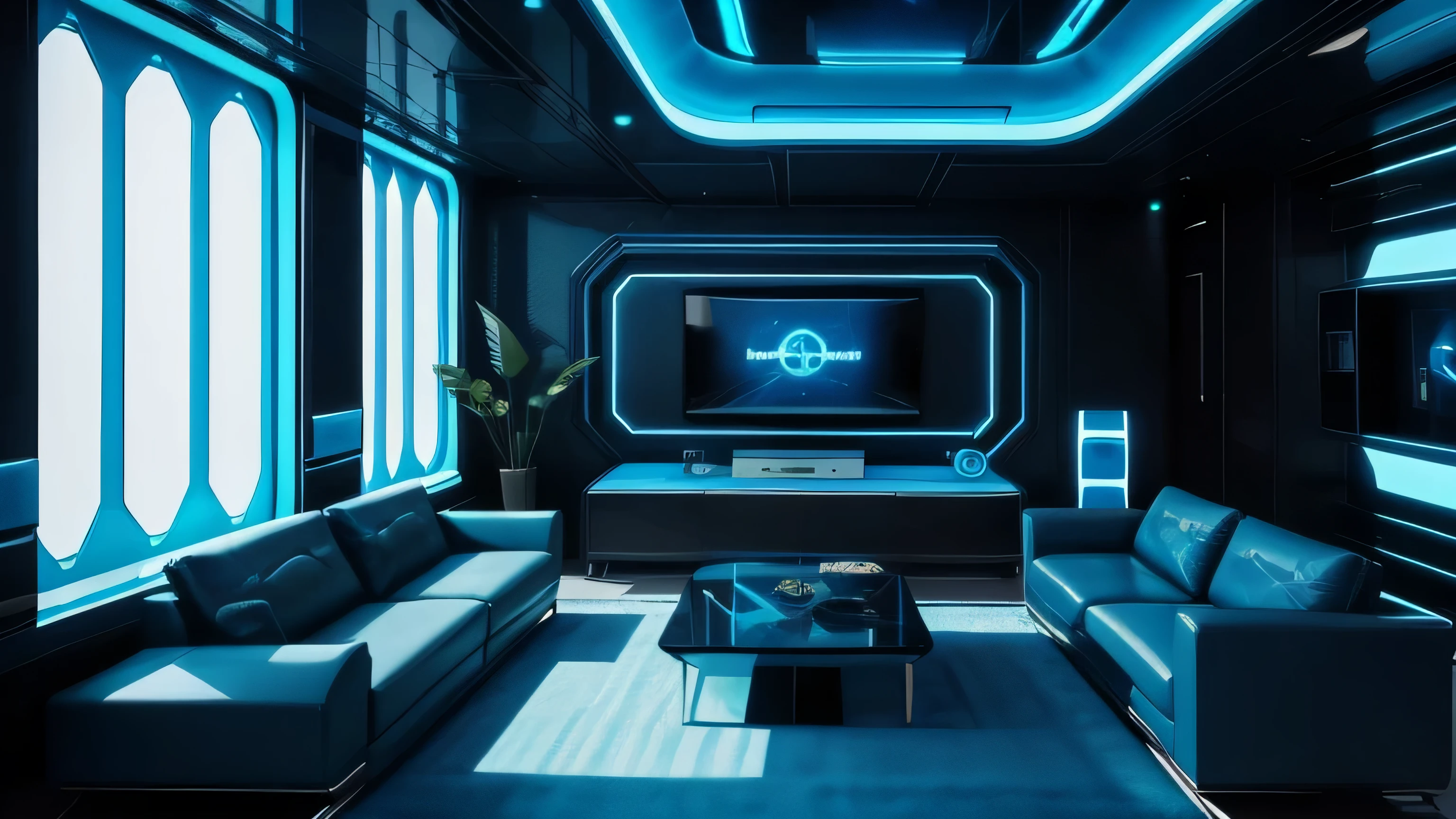 a view of a living room with a couch and a table, futuristic room, futuristic setting, futuristic decoration, futuristic looking living room, blue dystopian futurism, blue cyberpunk colors, futuristic but colorful shading, in style of beeple, beeple colors, futuristic aesthetic, futuristic art style, sci-fi aesthetics, inspired by Beeple