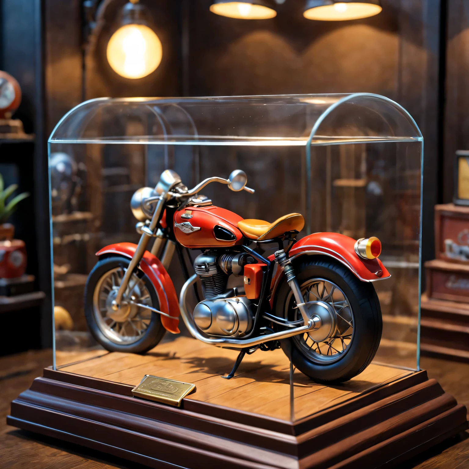  in glass display case，American retro miniature toy desktop, Steampunk style girl,toy motorcycle, movie lighting, Pixar, anime style,best quality,super detailed,