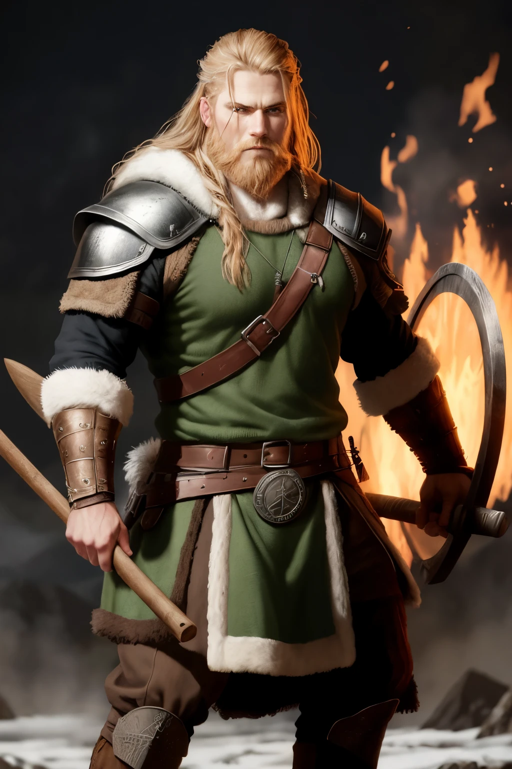 norse viking warrior holding an ax , com cara de mal, ultra realista, usando roupas de couro