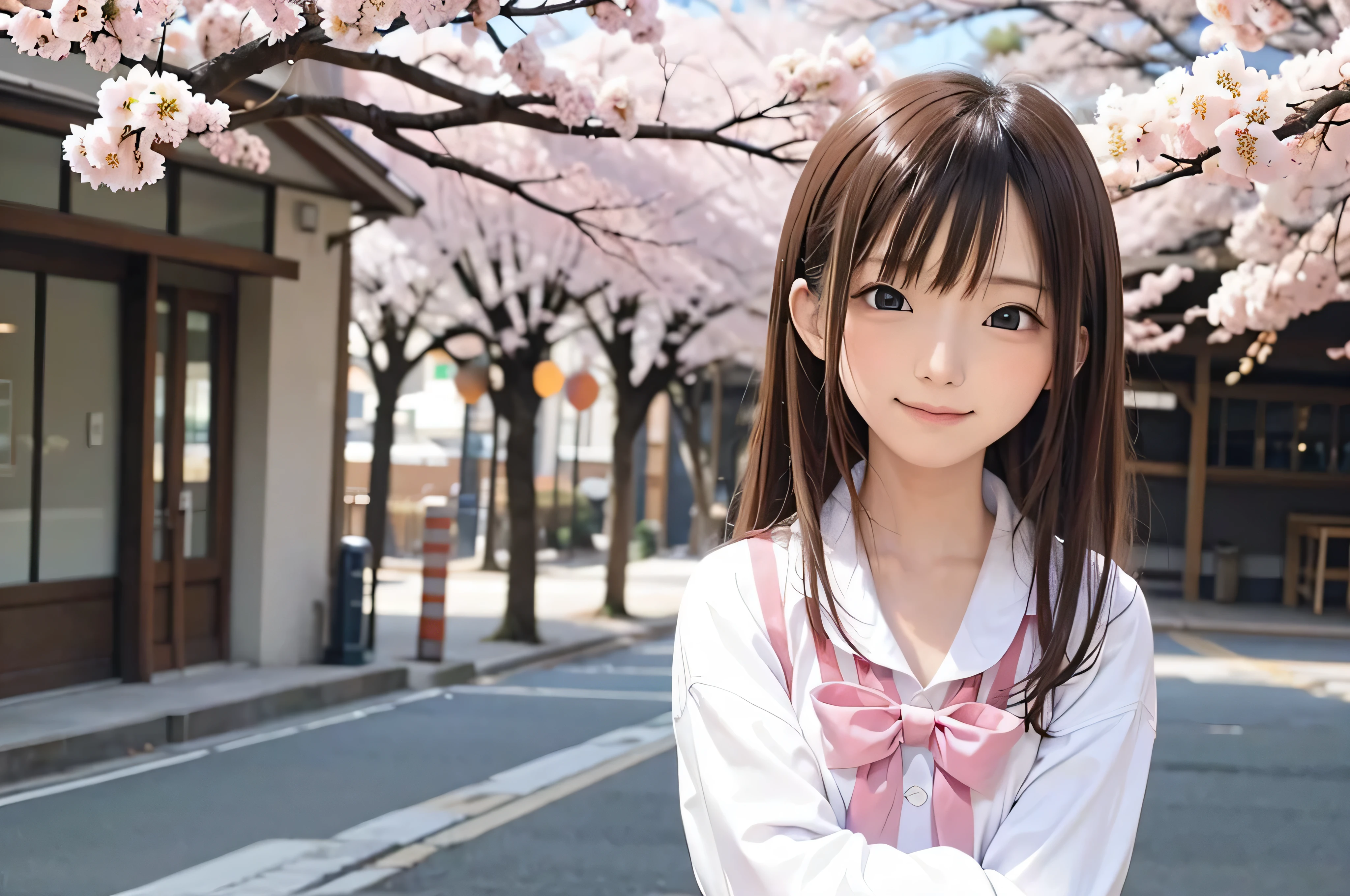 Anime-style portrait of Japanese junior high school girls standing under spring cherry blossoms. she is looking to the side, her long brown hair blows in the wind. The girl has a calm expression, While watching the cherry blossom snowstorm illuminated by soft pink light. her eyes are black and shining, with a subtle smile. She is wearing a Japanese school uniform with a white blouse and a navy blue cardigan。。, Shining in the soft spring sunlight. The girl is depicted small in the frame. in the background, Bright pink cherry blossom branches are blurred. A scene of tranquility, bright, and peaceful atmosphere, Reminds you of the beautiful moments of Japanese anime.