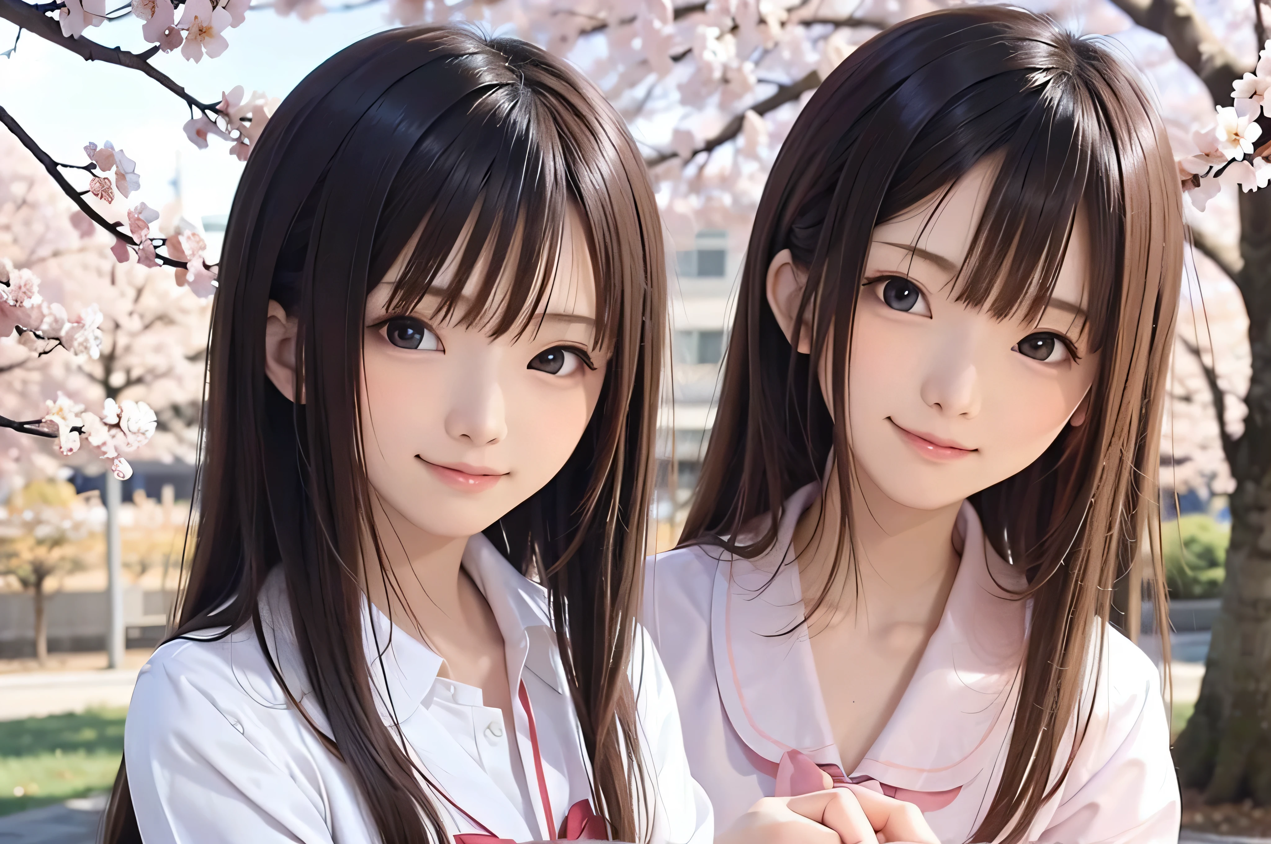 Anime-style portrait of Japanese junior high school girls standing under spring cherry blossoms. she is looking to the side, her long brown hair blows in the wind. The girl has a calm expression, While watching the cherry blossom snowstorm illuminated by soft pink light. her eyes are black and shining, with a subtle smile. She is wearing a Japanese school uniform with a white blouse and a navy blue cardigan。。, Shining in the soft spring sunlight. The girl is depicted small in the frame. in the background, Bright pink cherry blossom branches are blurred. A scene of tranquility, bright, and peaceful atmosphere, Reminds you of the beautiful moments of Japanese anime