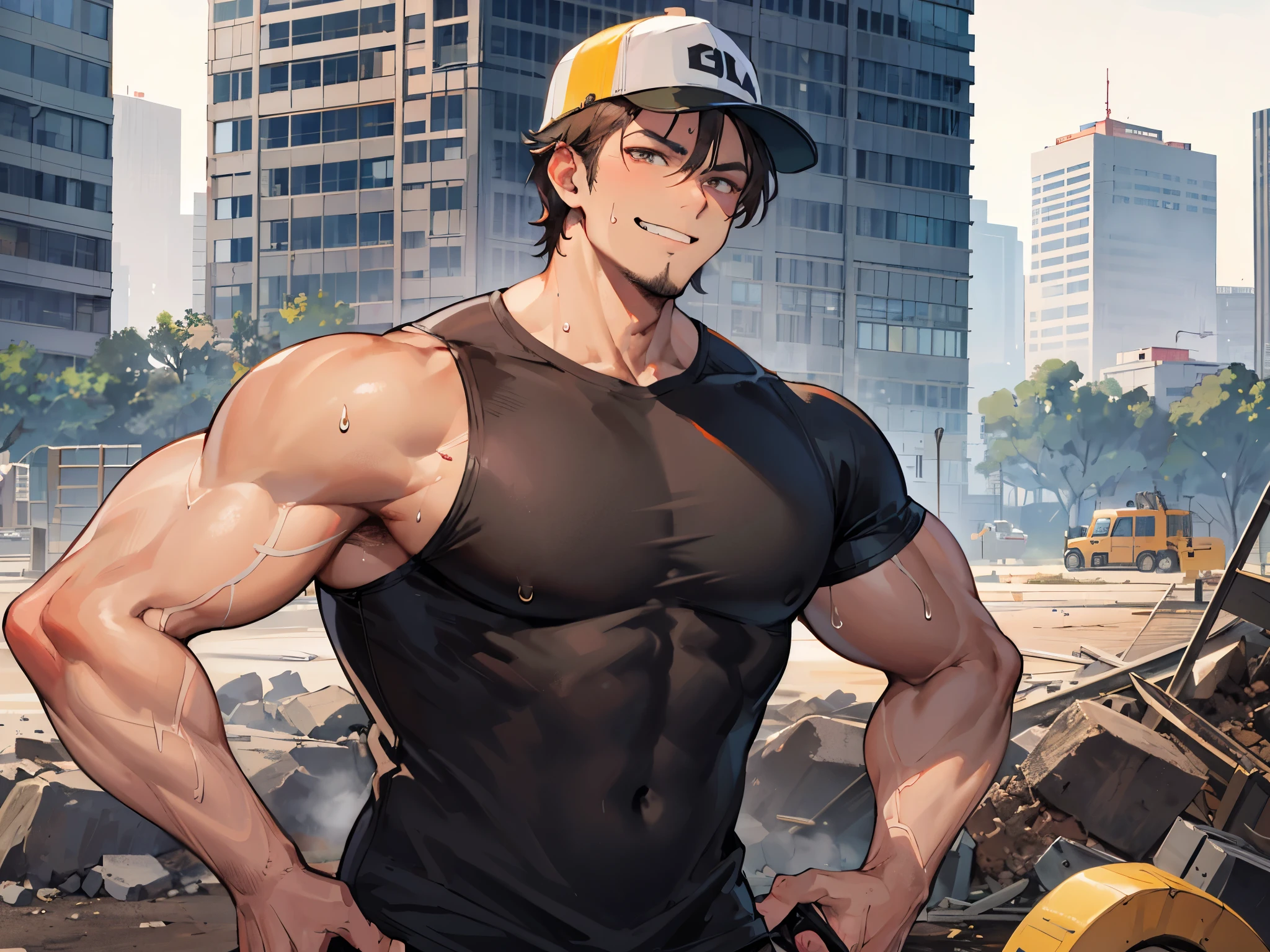 brown,tanned skin,uncle,50 age一people,solo,evil smile,people, ,muscle,macho, black shirt,,tanned skin,Sweat,constructionyardai,Construction site