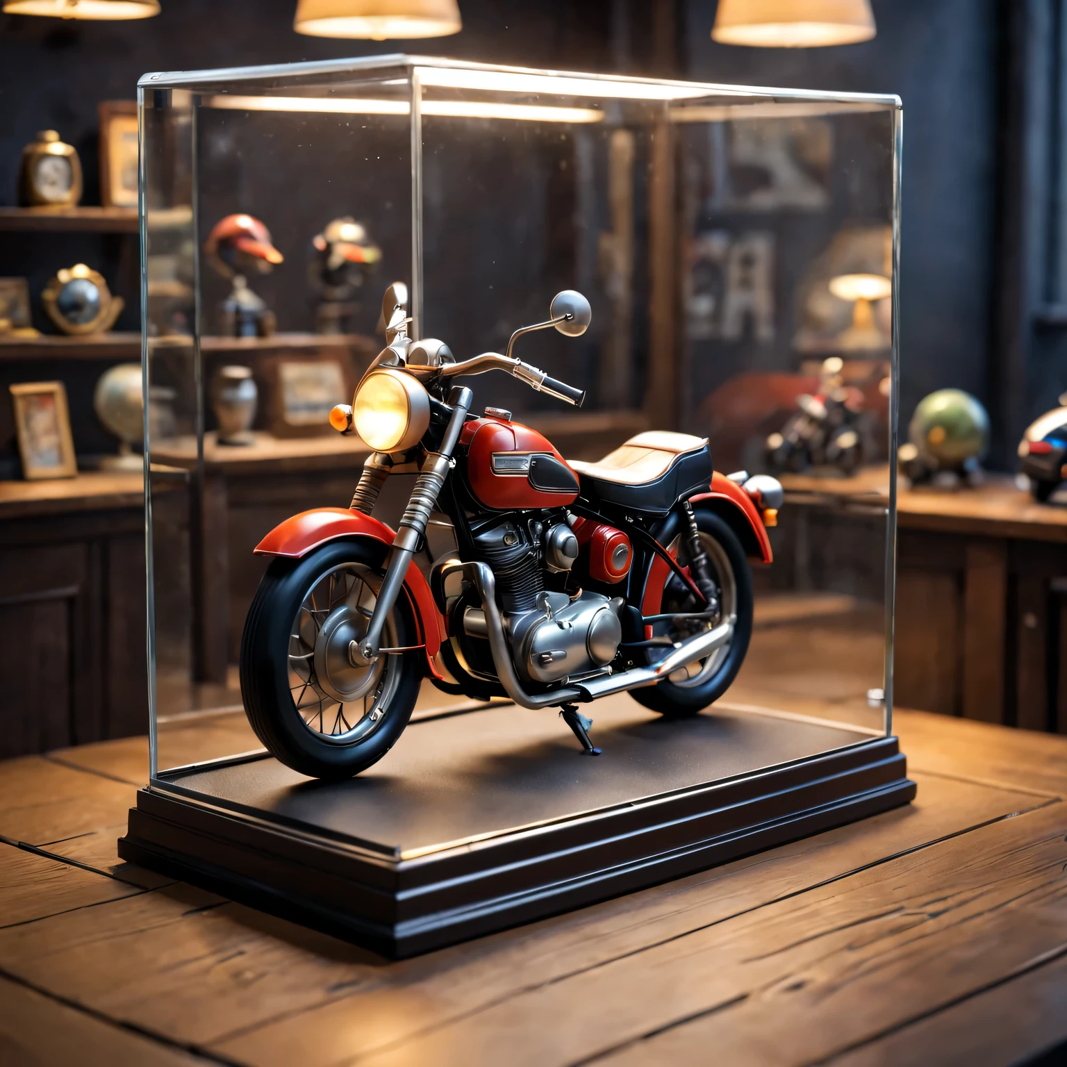 American retro miniature toy desktop,Toy motorcycle in glass display case, best quality, movie lighting, Awards, best quality, ultra high definition, ultra high definition, multiple views, Awards, best quality, high quality , Pixar, anime style, Pixar, anime style, bauhause, high detail, high detail, high quality