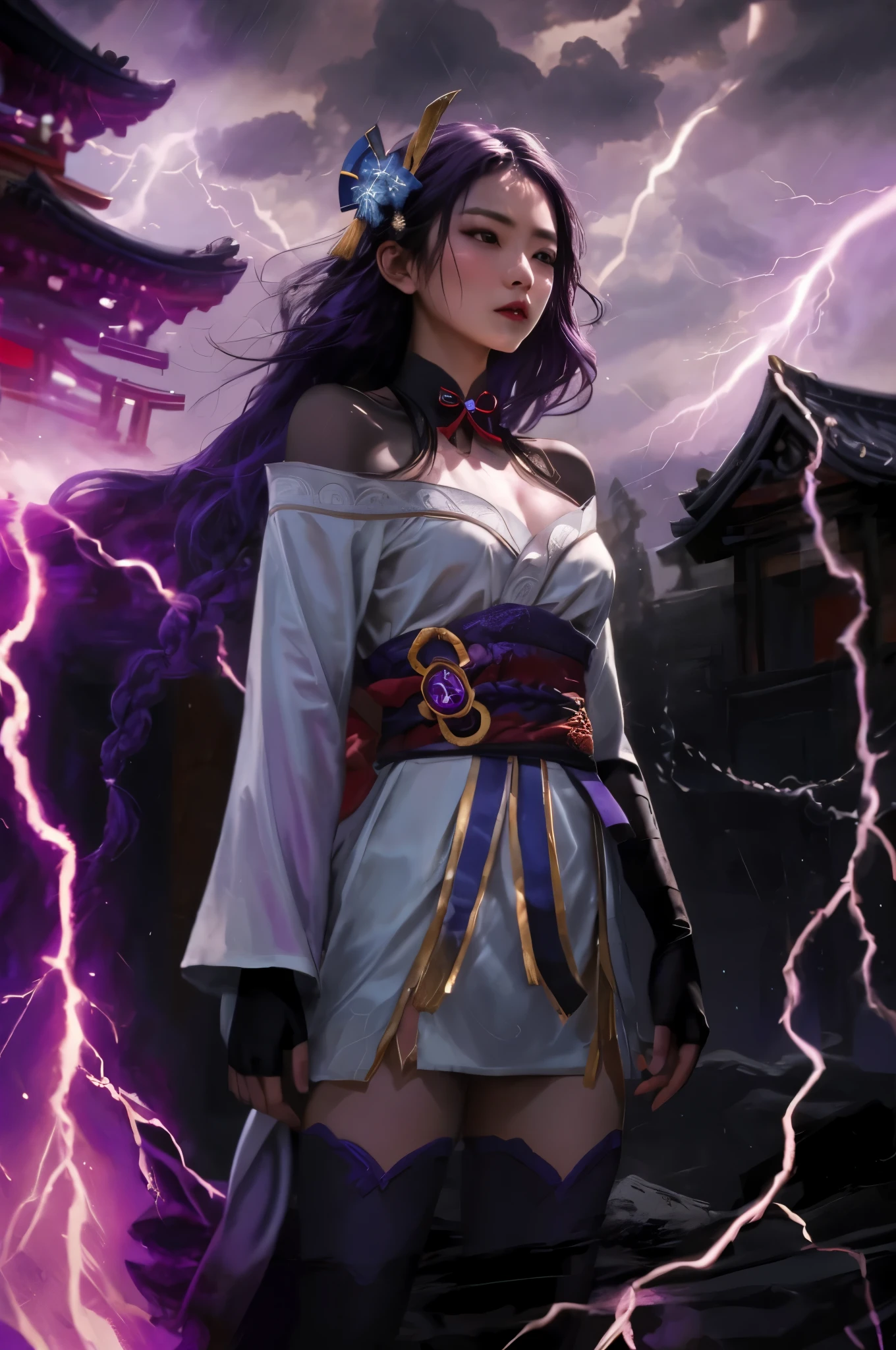 ((adult asian woman)), purple hair long braid,short white kimono, bare shoulders, detached sleeves, flower hair ornament, black collar, black fingerless gloves, red and purple belt, cowboy shot, perfect eyes,bokeh, sharp focus on subject, purple lightning bolts, stormy rain weather, cinematic light, cinematic shot, dramatic light