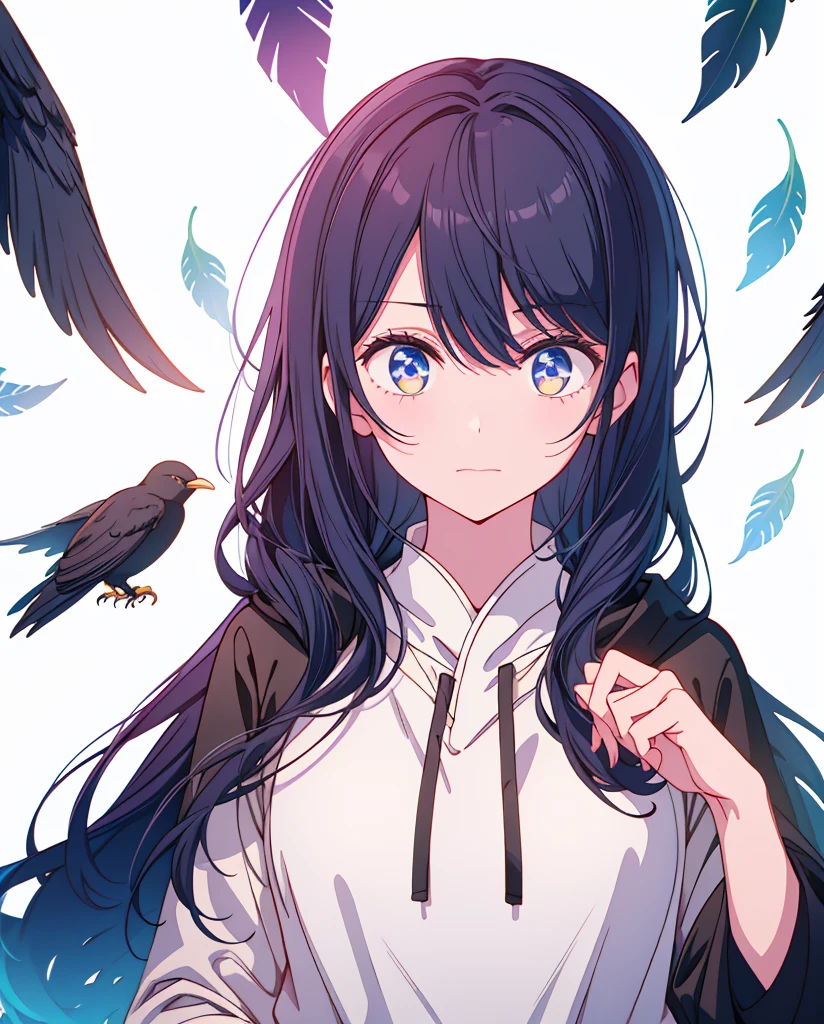 Hoshino Ai、black hoodie、hat、straight face、Black feathers、white background、simple background
