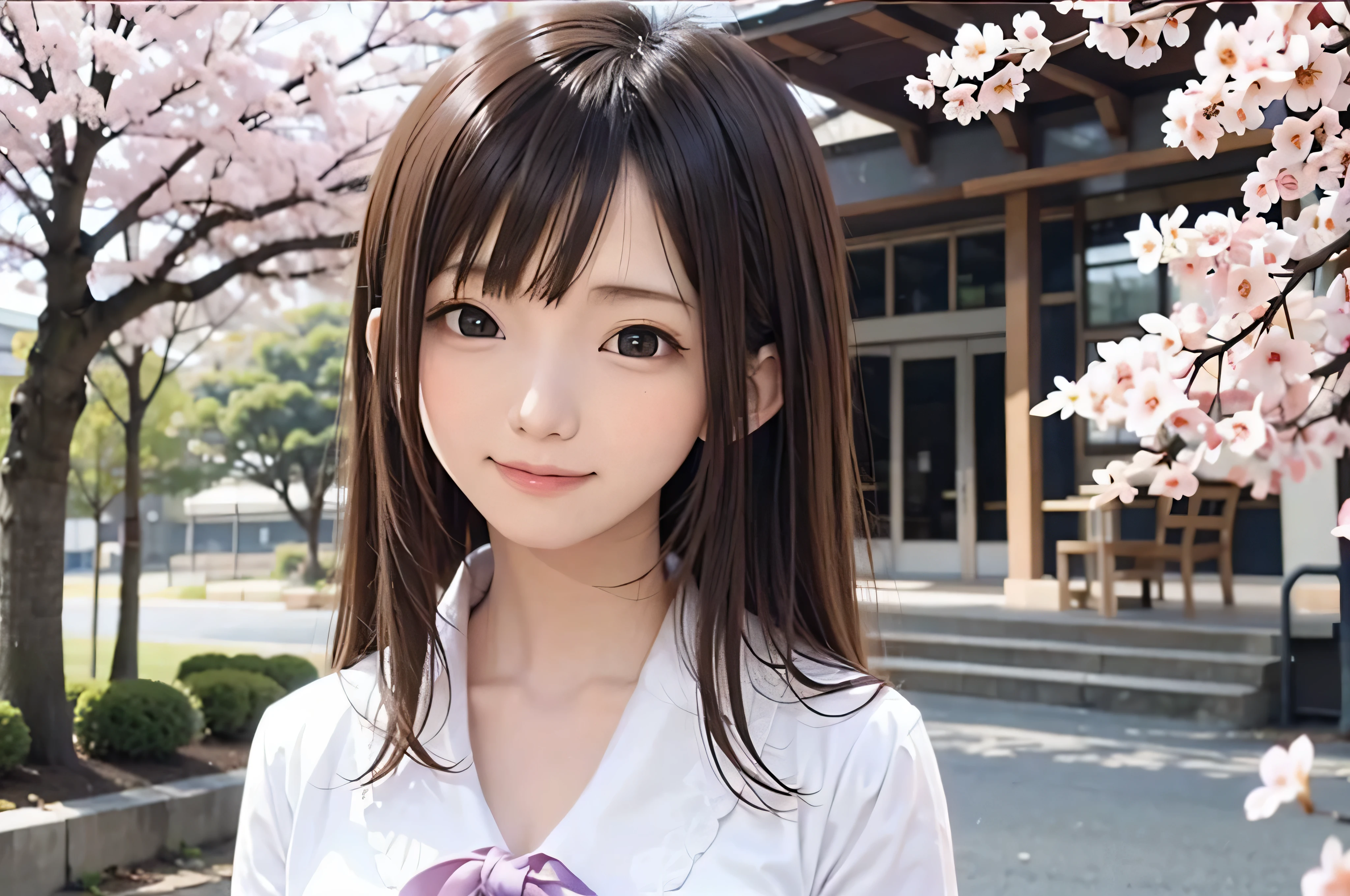 Anime-style portrait of Japanese junior high school girls standing under spring cherry blossoms. she is looking to the side, her long brown hair blows in the wind. The girl has a calm expression, While watching the cherry blossom snowstorm illuminated by soft pink light. her eyes are black and shining, with a subtle smile. She is wearing a Japanese school uniform with a white blouse and a navy blue cardigan。。, Shining in the soft spring sunlight. The girl is depicted small in the frame. in the background, Bright pink cherry blossom branches are blurred. A scene of tranquility, bright, and peaceful atmosphere, Reminds you of the beautiful moments of Japanese anime