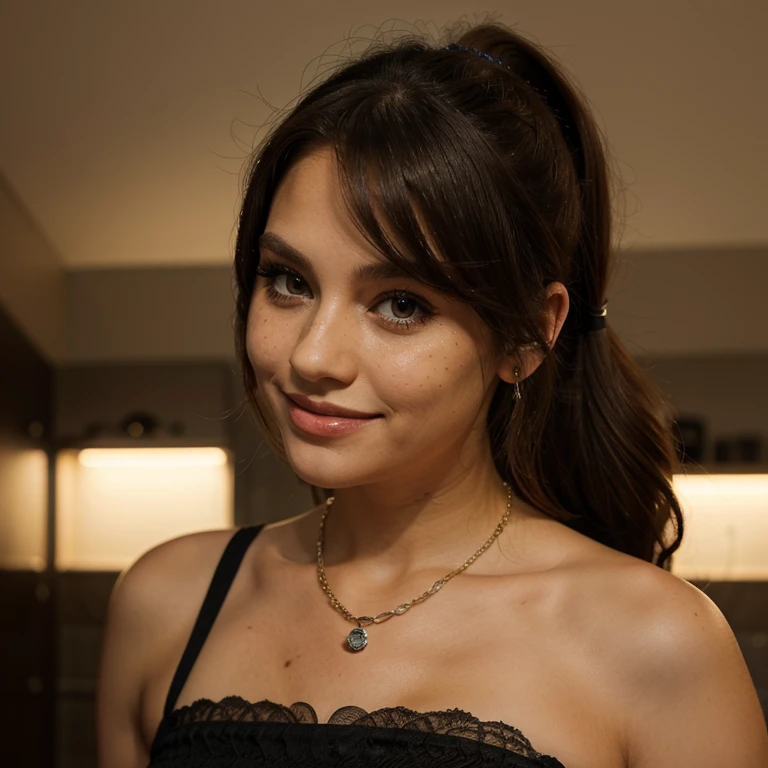Nina Dobrev wearing chains with lipstick completely naked with a smile