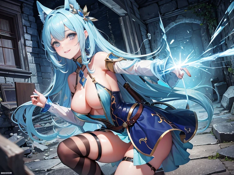 masterpiece 最high quality high quality 1Man Cute Woman fantasy adventurer Inside the dungeon Inside the ruins Ice magic gal battle effect smile