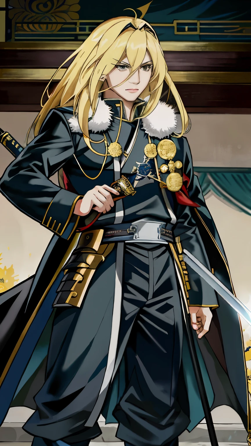 anime character with sword and armor standing in front of a clock, okita sougo, detailed key anime art, inspired by Li Chevalier, fine details. anime, casimir art, high resolution details, full body close-up shot, closeup shot, masamune shiro, guilty gear art style, alphonse musha, [ closeup ]!!, key anime art，Olivier Mira Armstrong，金色长头发，钢之炼金术师，女少将，军服，军刀，女硬汉，军大衣，女军人，金色长发女军人，女军人，金发女魔头，大姐姐