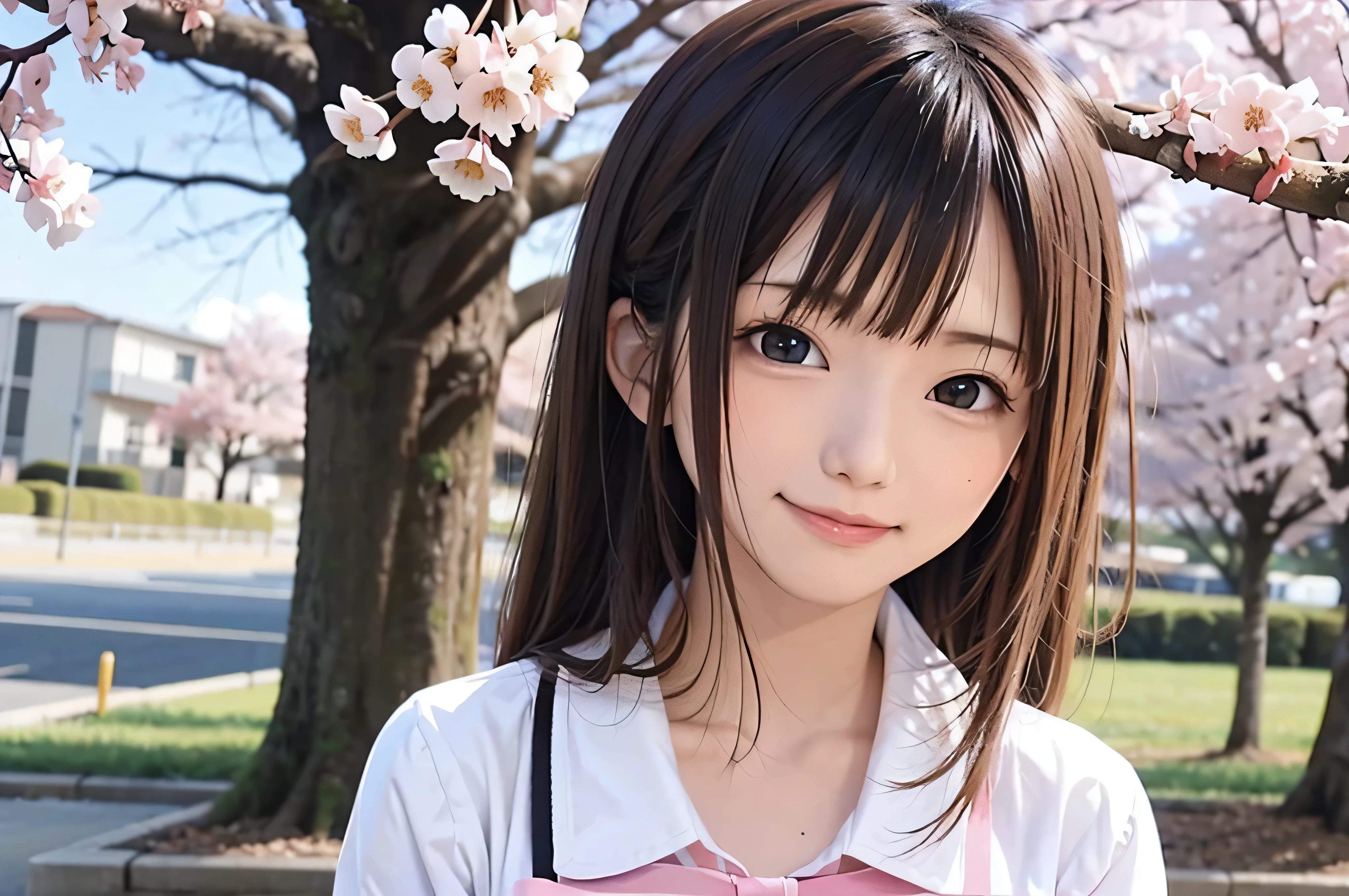 Anime-style portrait of Japanese junior high school girls standing under spring cherry blossoms. she is looking to the side, her long brown hair blows in the wind. The girl has a calm expression, While watching the cherry blossom snowstorm illuminated by soft pink light. her eyes are black and shining, with a subtle smile. She is wearing a Japanese school uniform with a white blouse and a navy blue cardigan。。, Shining in the soft spring sunlight. The girl is depicted small in the frame. in the background, Bright pink cherry blossom branches are blurred. A scene of tranquility, bright, and peaceful atmosphere, Reminds you of the beautiful moments of Japanese anime