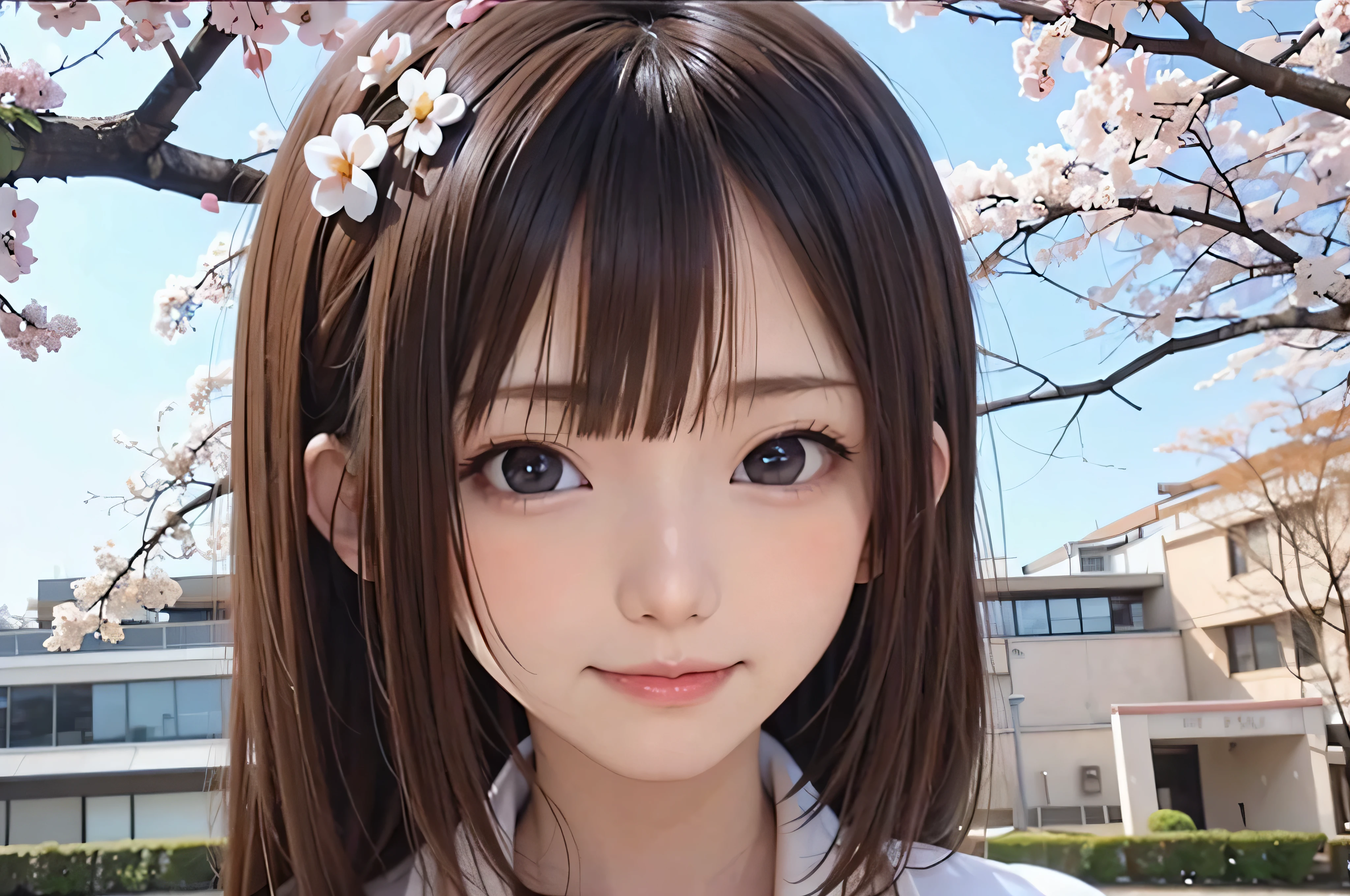 Anime-style portrait of Japanese junior high school girls standing under spring cherry blossoms. she is looking to the side, her long brown hair blows in the wind. The girl has a calm expression, While watching the cherry blossom snowstorm illuminated by soft pink light. her eyes are black and shining, with a subtle smile. She is wearing a Japanese school uniform with a white blouse and a navy blue cardigan。。, Shining in the soft spring sunlight. The girl is depicted small in the frame. in the background, Bright pink cherry blossom branches are blurred. A scene of tranquility, bright, and peaceful atmosphere, Reminds you of the beautiful moments of Japanese anime