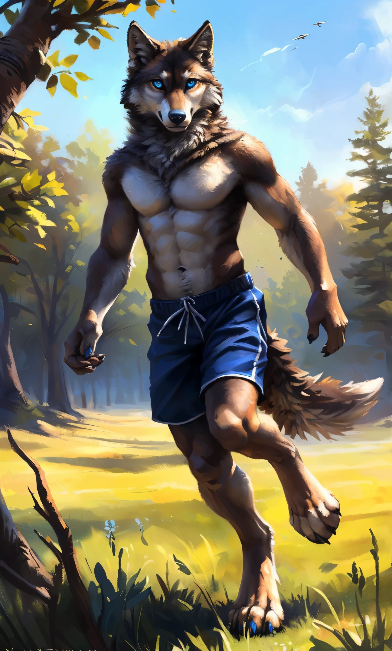 ((Solo)), male people, anthro wolf, (Multi-colored fur, White-brown:1.3，White tail pointed), (Height 2.1m,Tail length 1.2m), ((Wolf face, Big eyes, White eyelids, Blue pupil, Slim:1.2) (Tough, Calm expression:1.2)), Abs, Slim, pinging)), (Correct anatomy), (Work shorts:1.1), The upper body  naked, (detailed outfits),A long big tail，Feet，(Realistic fur, Detailed fur texture, labeled:1.3)), (Natural lighting), Photorealistic, Hyperrealistic, ultradetailed, by Kenket，Field，erect through，Running on