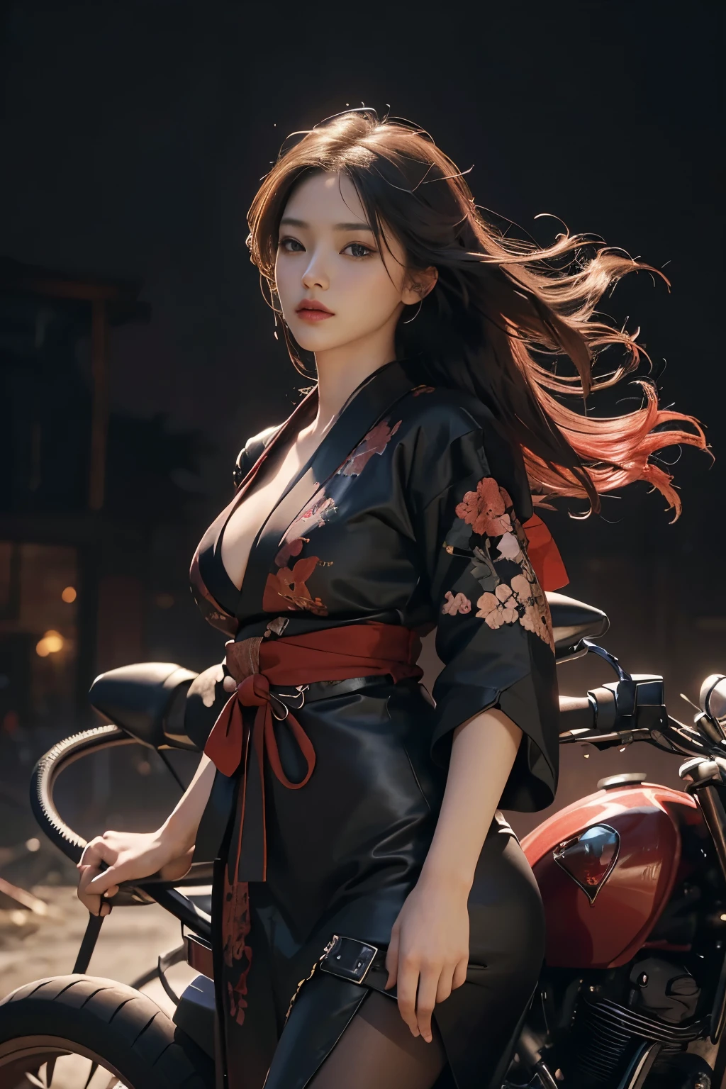 official art, unity 8k wallpaper, ultra detailed, beautiful and aesthetic, beautiful, masterpiece, best quality, dynamic angle, cowboy shot, the most beautiful form of chaos, elegant, a brutalist designed, vivid, romanticism, atmospheric, red and black kimono, cleavage, dark background, abstract background, motorcycle at the back