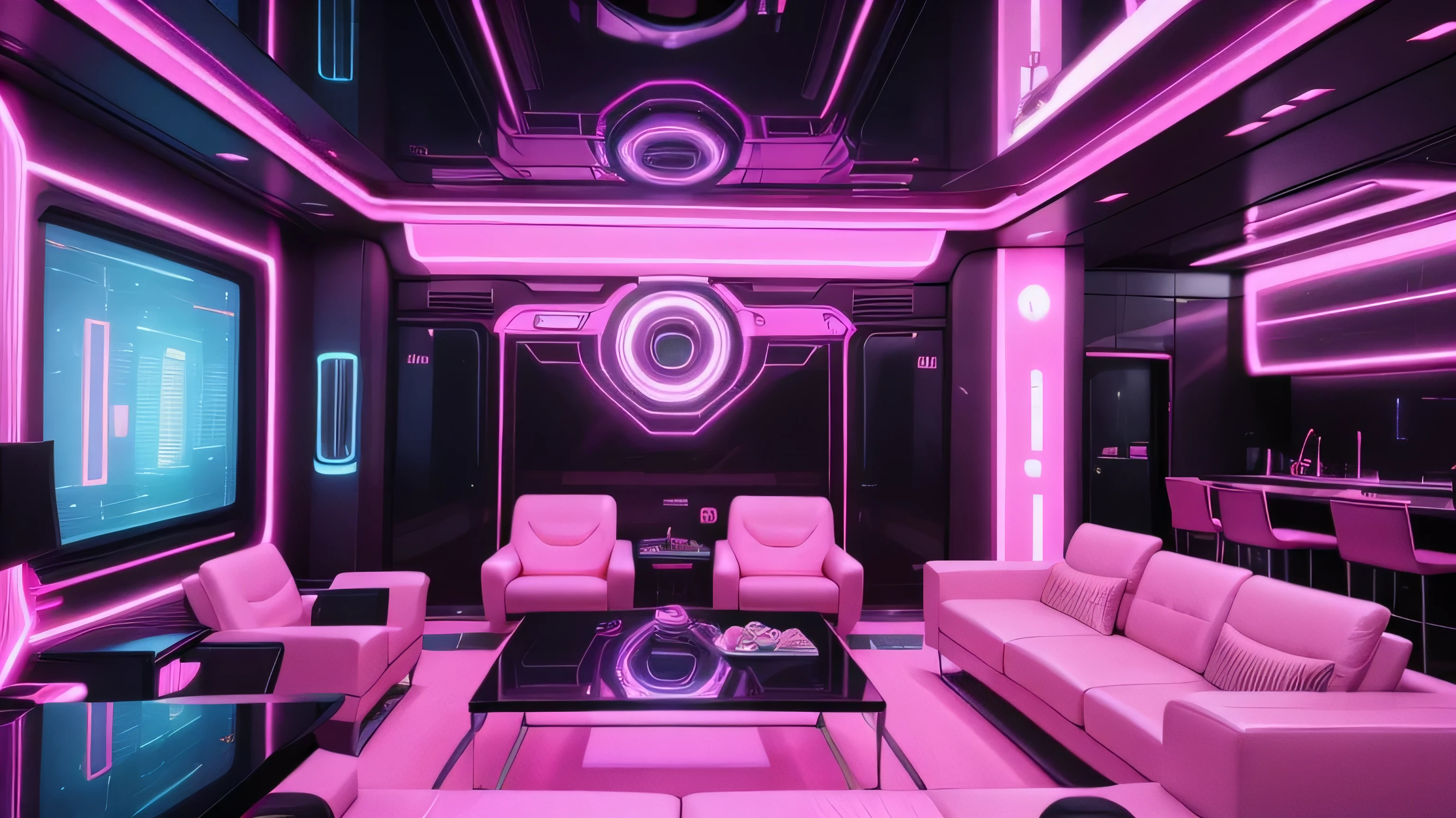 a view of a living room with a couch and a table, futuristic room, futuristic setting, futuristic decoration, futuristic looking living room, pink dystopian futurism, pink cyberpunk colors, futuristic but colorful shading, in style of beeple, beeple colors, futuristic aesthetic, futuristic art style, sci-fi aesthetics, inspired by Beeple