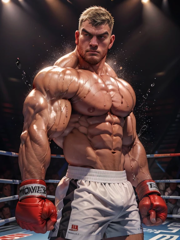 3D Photorealistic, Masterpiece realistic, best high quality, perfect details, RAW Photo, intricate details, nice lighting, 4K, detailed background, In the championship boxing match, A determined muscular boxing champion 45-year-old man, perfect wrinkle wearing pure white boxing trunk and red boxing gloves. wide abs (wide abs:1.4). His faces marked with grit and determination. Crowded audiences and nice lighting, nice face lighting, serving a boxing battleground. The atmosphere of raw energy. He looks firm and powerful in professional boxing pose, as ready to start the fight, bodily fluid (bodily fluid:1.4), perfect muscle anatomy, perfect hands anatomy, extremely bruised on his muscle body, bloody body (bloody body:1.5)