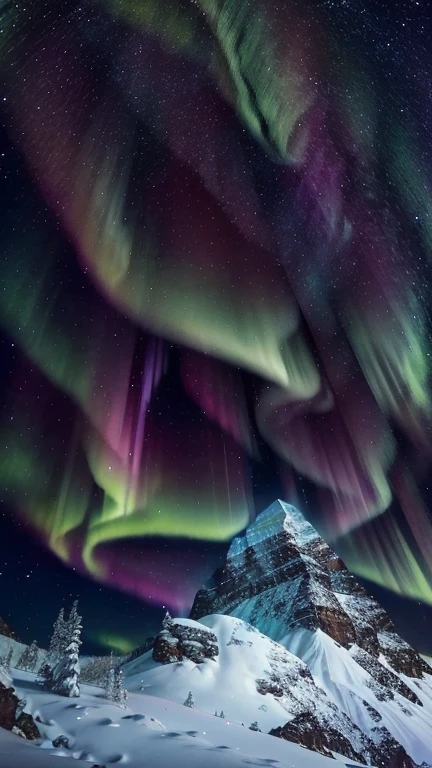 Close-up photo of Snow mountain with Northern Lights in the sky.