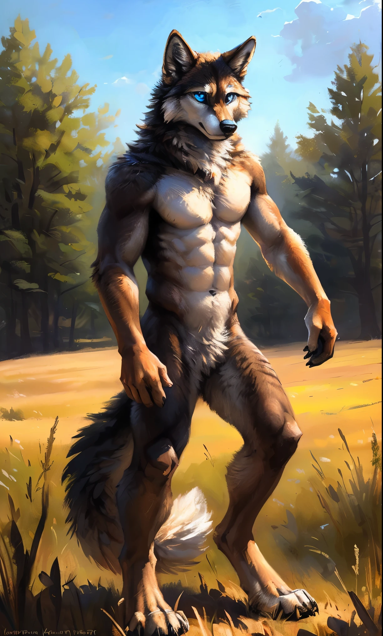 ((Solo)), male people, anthro wolf, (Multi-colored fur, White-brown:1.3，White tail pointed), (Height 2.1m,Tail length 1.5m), ((Wolf face, Big eyes, White eyelids, Blue pupil, Slim:1.2) (Tough, Calm expression:1.2)), Abs, Slim, pinging)), (Correct anatomy), Naked all over the body,A long big tail，Feet，(Realistic fur, Detailed fur texture, labeled:1.3)), (Natural lighting), Photorealistic, Hyperrealistic, ultradetailed, by Kenket，Field，No artifacts