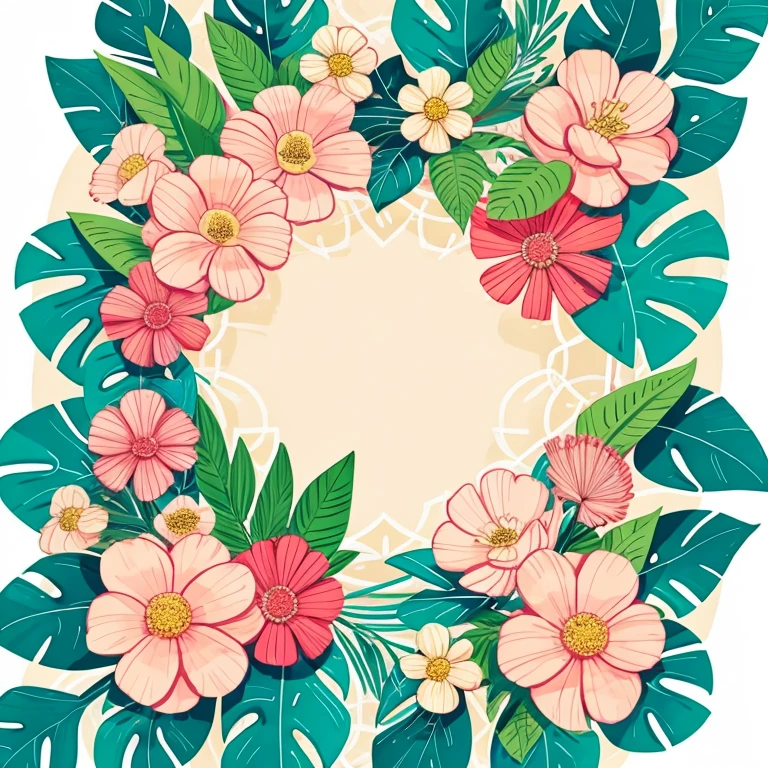 flowers,seal,Soft beige,pastel pink,tropical plants,Flat illustration,Maximalism,Bright colors