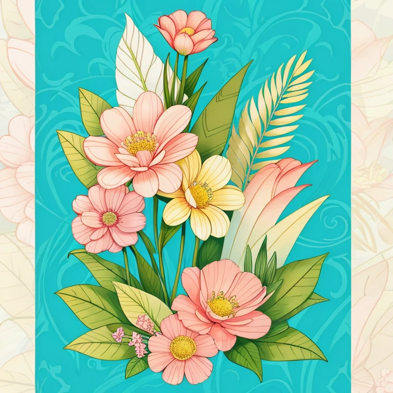 flowers,seal,Soft beige,pastel pink,tropical plants,Flat illustration,Maximalism,Bright colors
