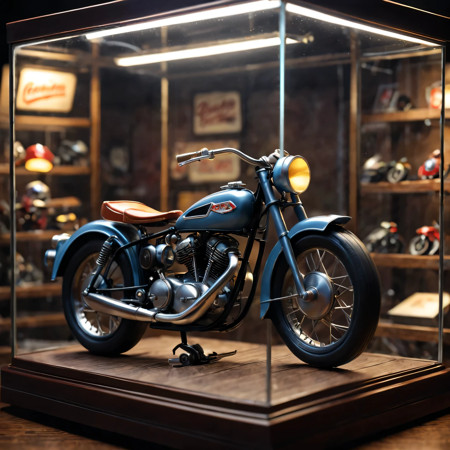 American retro miniature,Toy motorcycle in the glass showcase, best quality, movie lighting, Awards, best quality, ultra high definition, ultra high definition, multiple views, Awards, best quality, high quality , Pixar, anime style, Pixar, anime style, bauhause, high detail, high detail, high quality