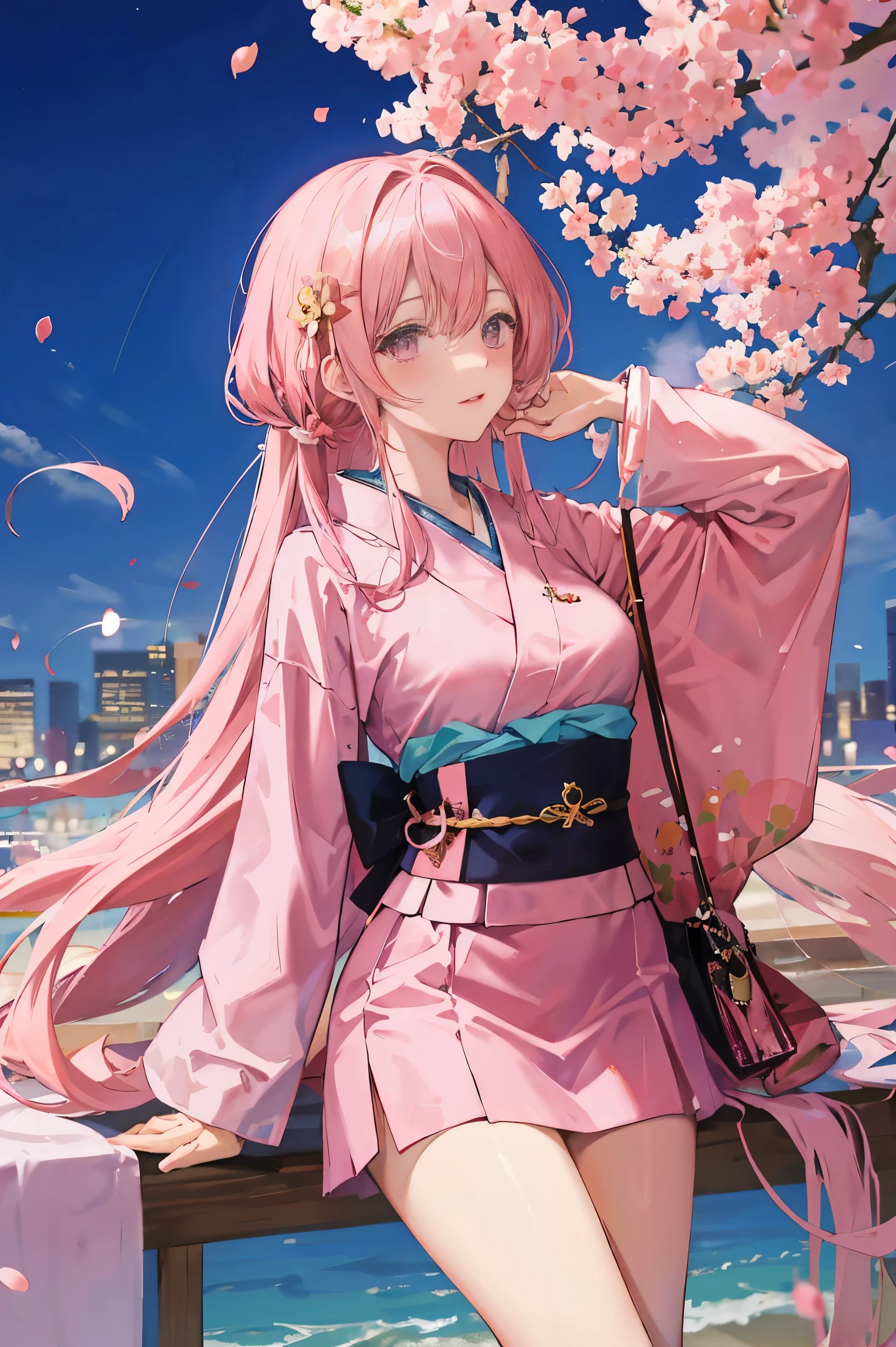 "anime girl, 1 person, pink hair, pink cat ears, pink eyes, kimono, cherry pink kimono, cherry blossom petal pattern on shirt, long stockings, big breasts, festival, New Year's Eve fireworks, watching fireworks, night, smiled shyly,solo, looking from different directions, standing cross-legged. (full HD 4K+ image)"