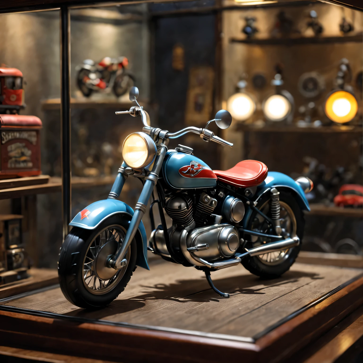American retro miniature,Toy motorcycle in the glass showcase, best quality, movie lighting, Awards, best quality, ultra high definition, ultra high definition, multiple views, Awards, best quality, high quality , Pixar, anime style, Pixar, anime style, bauhause, high detail, high detail, high quality