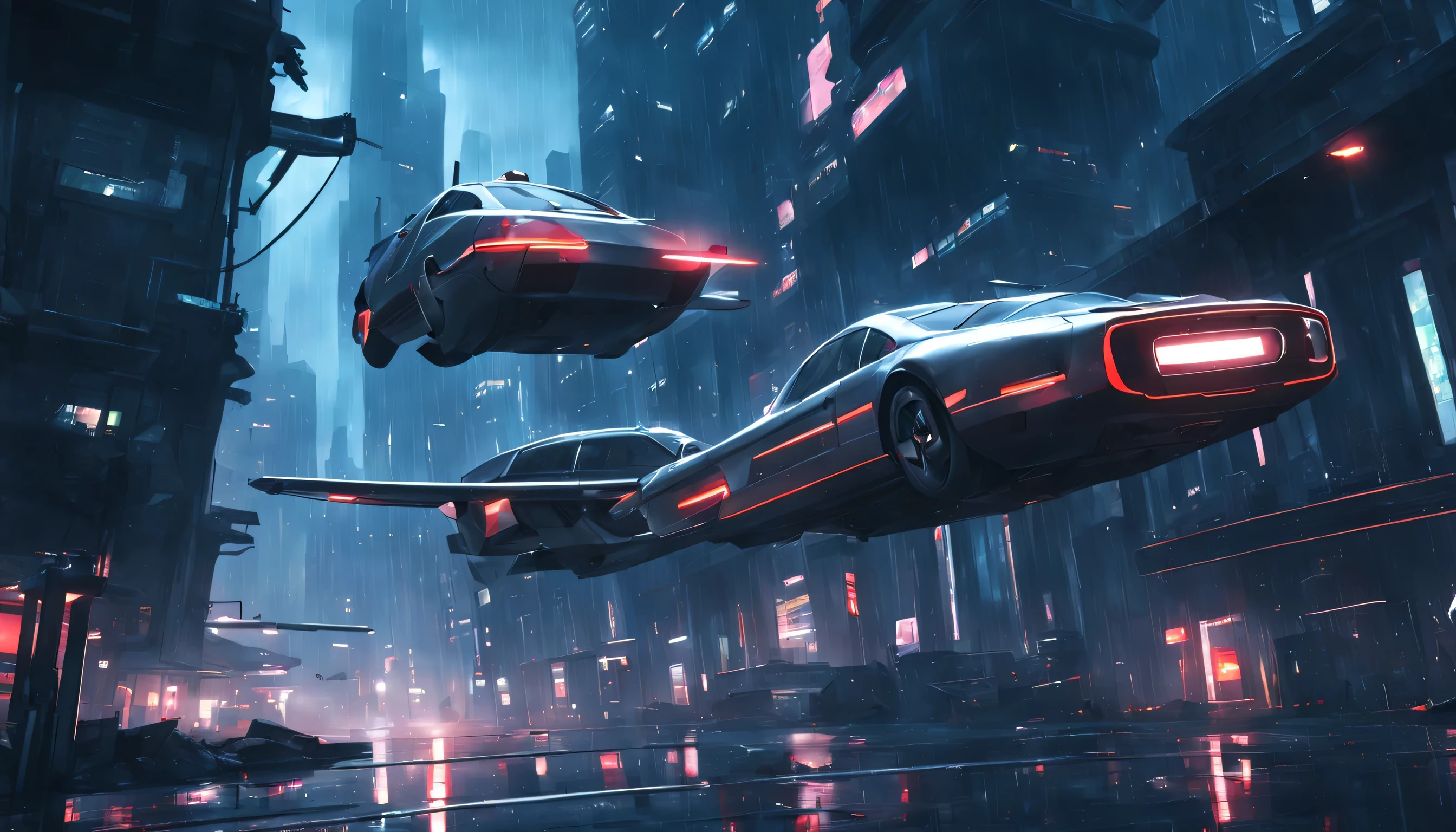 flying cars in a very dark abandoned futuristic city, rainy night
