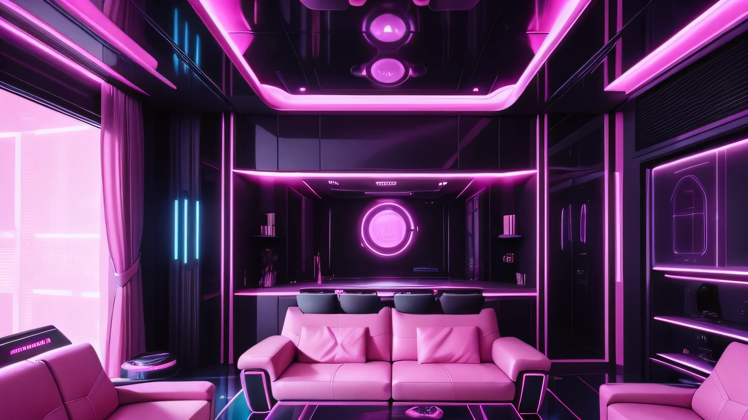 a view of a living room with a couch and a table, futuristic room, futuristic setting, futuristic decoration, futuristic looking living room, pink dystopian futurism, pink cyberpunk colors, futuristic but colorful shading, in style of beeple, beeple colors, futuristic aesthetic, futuristic art style, sci-fi aesthetics, inspired by Beeple