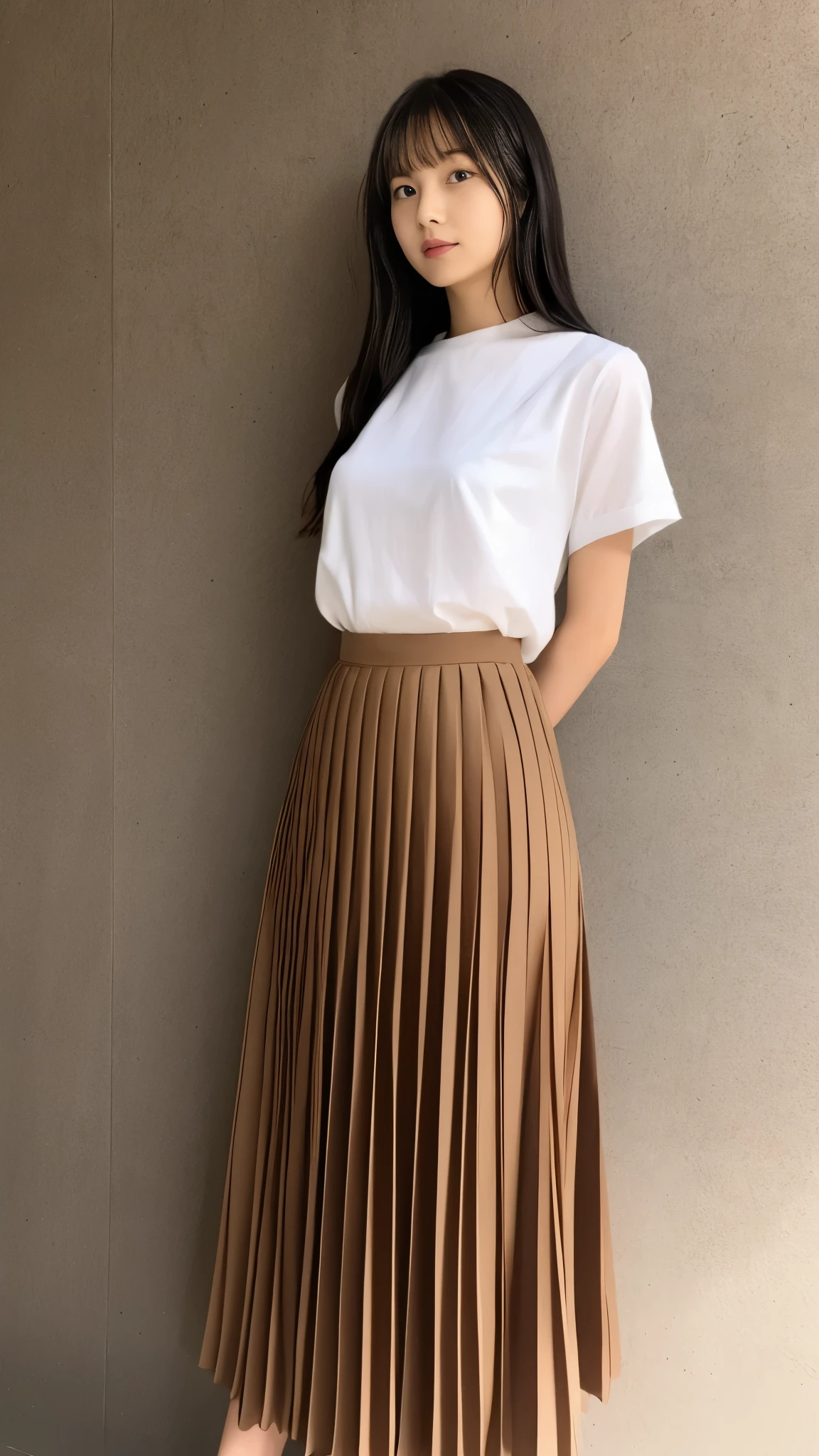 One Woman、Cute face、Also々New Expressions、Japanese、Japanese、、Grey Eyes、Beige Hair、French Braid、16talent、White shirt、デニムのLong skirt、Long skirt、Random Pause、(((Photo Studio、Concrete Background、Perfect lighting、Professional Photographer、50mmlens)))、Highest quality、Ultra-high resolution、masterpiece:1.3,8k、Precision Finishing、Unreasonable