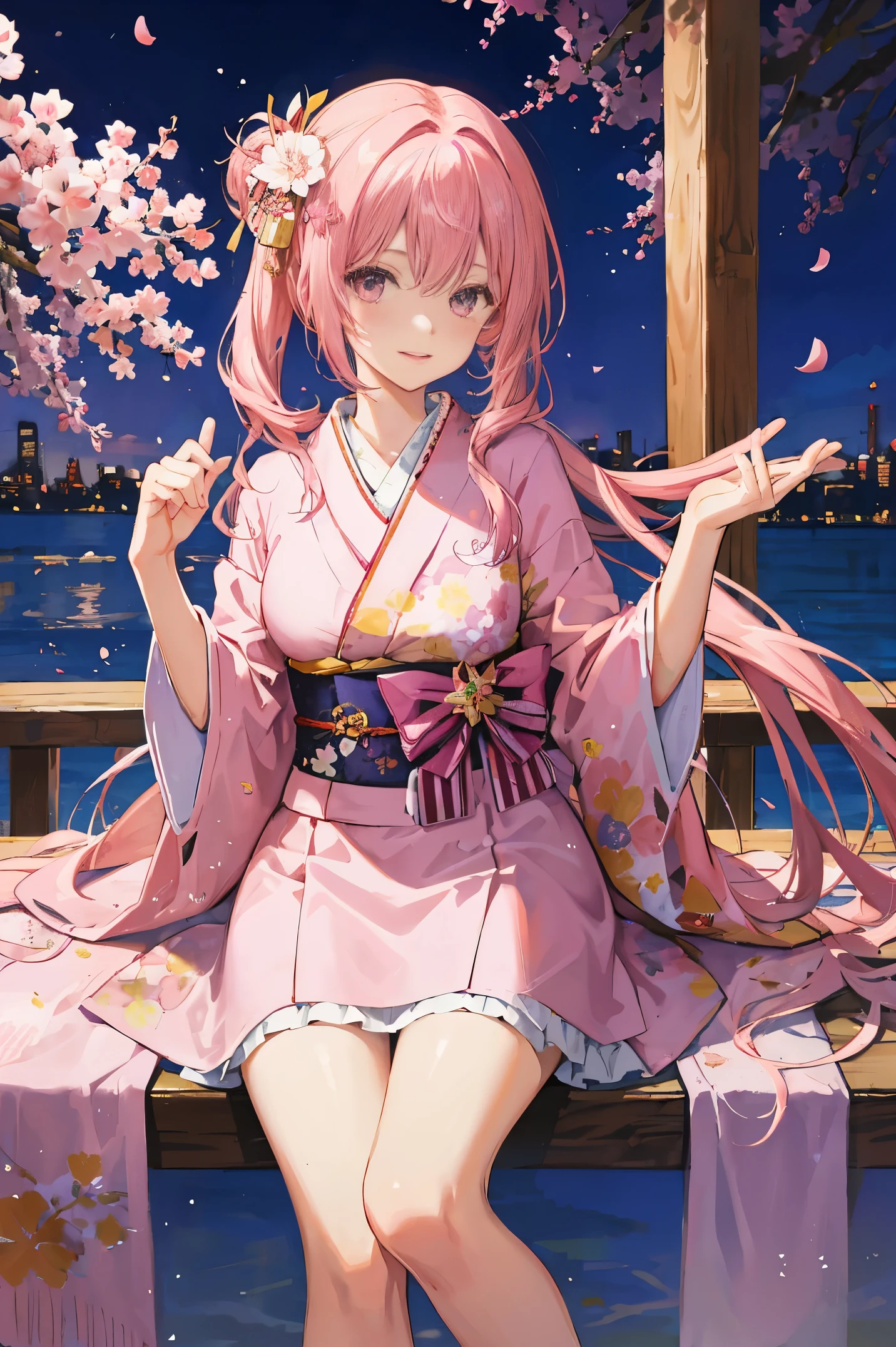 "anime girl, 1 person, pink hair, pink cat ears, pink eyes, kimono, cherry pink kimono, cherry blossom petal pattern on shirt, long stockings, , festival, New Year's Eve fireworks, watching  fireworks, night, smiled shyly,solo, looking from different directions, standing cross-legged. (full HD 4K+ image)"