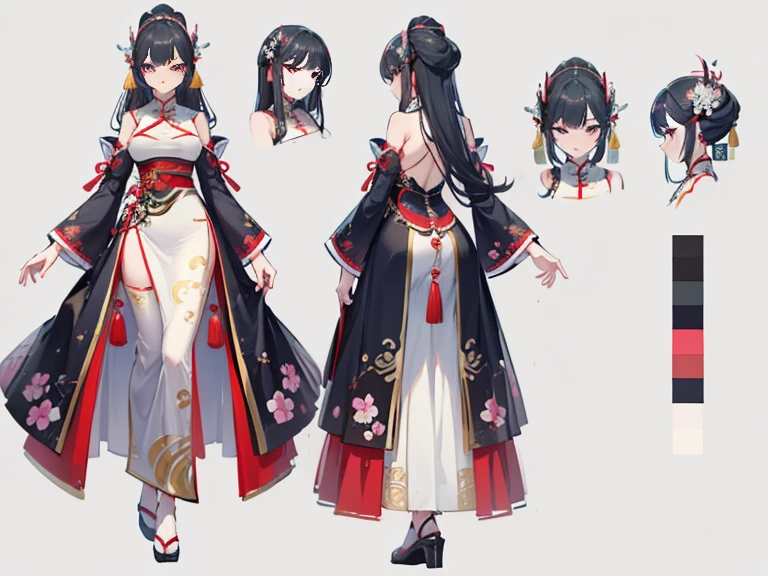 ((masterpiece, top quality)), Detailed face, Character Design Sheet, whole body, Full of details, Front view of the body, back view of the body, very detailed, Depth, Many parts, a beautiful woman with long hair，Sexy woman, traditional Chinese clothing, Genshin&#39;s influence, tall woman