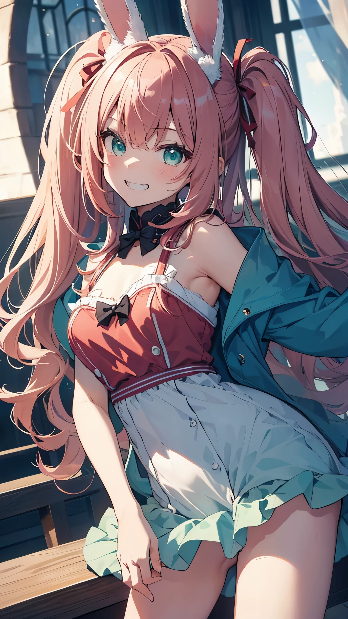 highest quality,best image quality,In 8K,4K,masterpiece,super detailed,beautiful、super high quality, highest quality,High resolution, super detailed,game CG,dutch angle ,beautiful and fine eyes, visual art,five fingers, perfect hands,beautiful girl,break,10歳くらいの童顔美少女,(子供体型),(flat chest),long pink wavy hair, half twin tail,emerald green eyes,(Rabbit ear hair band),(Red Bunny Girl Suit;1.5),grin and laughning face,sandy beach,acrobatic pose