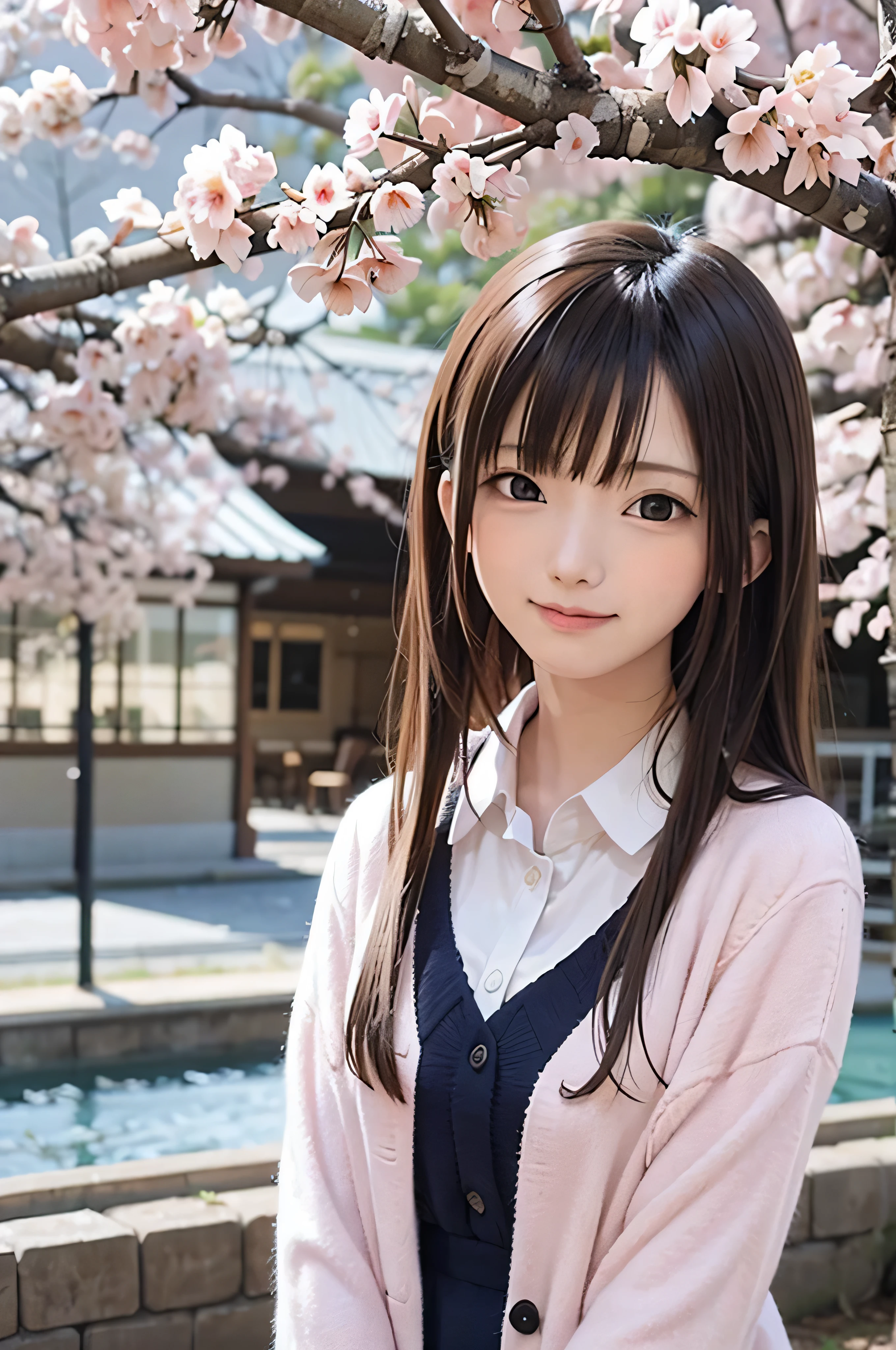 Anime-style portrait of Japanese junior high school girls standing under spring cherry blossoms. she is looking to the side, her long brown hair blows in the wind. The girl has a calm expression, While watching the cherry blossom snowstorm illuminated by soft pink light. her eyes are black and shining, with a subtle smile. She is wearing a Japanese school uniform with a white blouse and a navy blue cardigan。。, Shining in the soft spring sunlight. The girl is depicted small in the frame. in the background, Bright pink cherry blossom branches are blurred. A scene of tranquility, bright, and peaceful atmosphere, Reminds you of the beautiful moments of Japanese anime.