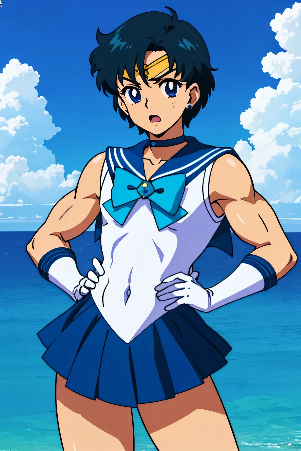 Top Quality Anime Art、masterpiece、high definition anime art、アニメstyle4K、High resolution、anime boy、handsome boy、Junior high school boys、jewelry、solo、earrings、blue choker、Sailor Senshi Uniform、Strong muscles、covered_navel、blue sailor collar、Sky blue bow tie、Blue-eyed boy、white gloves、elbow bag、Very short blue-haired boy、skirt、bow、blue skirt、blue sky、outdoors、Boy standing、mini skirt、pleated skirt、Magical Boy、cowboy shot、shiny hair、water、blue_bow、sky blue_bow、white_bow、circlet、Muscular and strong、bangs、mouth closed、white leotard、high leg leotard、white dress、Boy with very short black hair、shiny skin、photo_background、back_bow、ocean、Hymn of the King as a Prince、classic boy、Eyebrow、muscular man bare shoulders、bare legs、cloud、classic boy、Boy standing、retro anime image、(1990s\(style\):0.9)、
