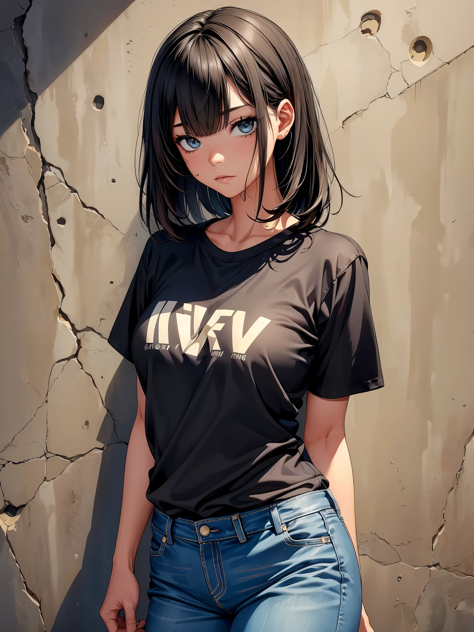 (8K, Raw photo, 最high quality, muste piece: 1.2), High-definition RAW color photo, Professional photo shoot, cinematic light, solo, (((young woman, gal))), (垂れeye), (small face), (high detail skin: 1.2), clavicle, pretty face, beautiful eyes, long eyelashes, (rainbow hair, Brownい瞳), (beautiful breasts:1.5),(slender:1.4), very detailed顔と肌の質感, 詳細なeye, double eyelid, カメラを横eyeで見る, (black hair, shortcut, Bangs are long on one side)), slenderボディ, ((a staring face:1.2)), big breasts, normal hip joint, Brown_eye, cowboy shot, (T-shirt:1.5, Denim pants), ((Concrete wall background)), 見つめるeye, beautiful skin, shiny skin, wet skin, wetting hair, perfect fingers, 5 fingers, anatomically correct, back ground bokeh, high quality, surreal, Bright colors, ((very detailed, photo shoot)),