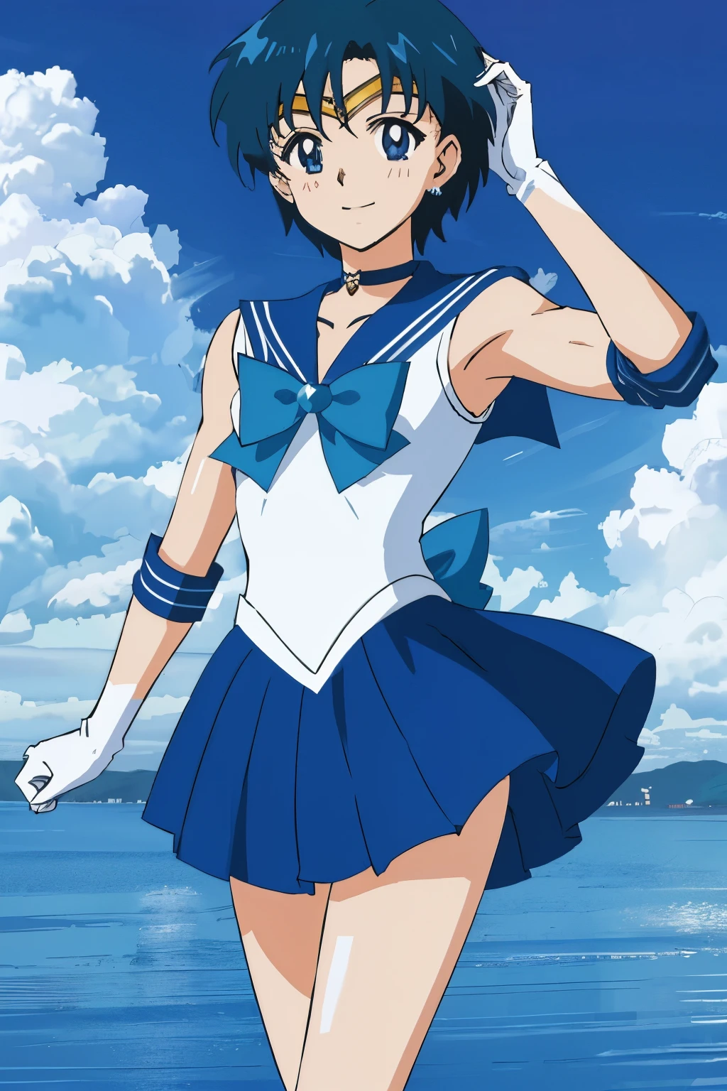 Top Quality Anime Art、masterpiece、high definition anime art、アニメstyle4K、anime boy、Junior high school boys、solo、jewelry、blue choker、white gloves、elbow bag、Very short blue-haired boy、Sailor Senshi Uniform、skirt、earrings、Blue-eyed boy、blue sailor collar、Sky blue bow tie、smile、blue skirt、Strong muscles、white leotard、high leg leotard、white dress、mini skirt、pleated skirt、blue_bow、sky blue_bow、white_bow、bow、Boy standing、collarbone、Muscular and strong、cowboy shot、bangs、mouth closed、Magical Boy、muscular man、Bare shoulders、bare legs、魅惑的なanime boy、(1990s\(style\):0.9)、
