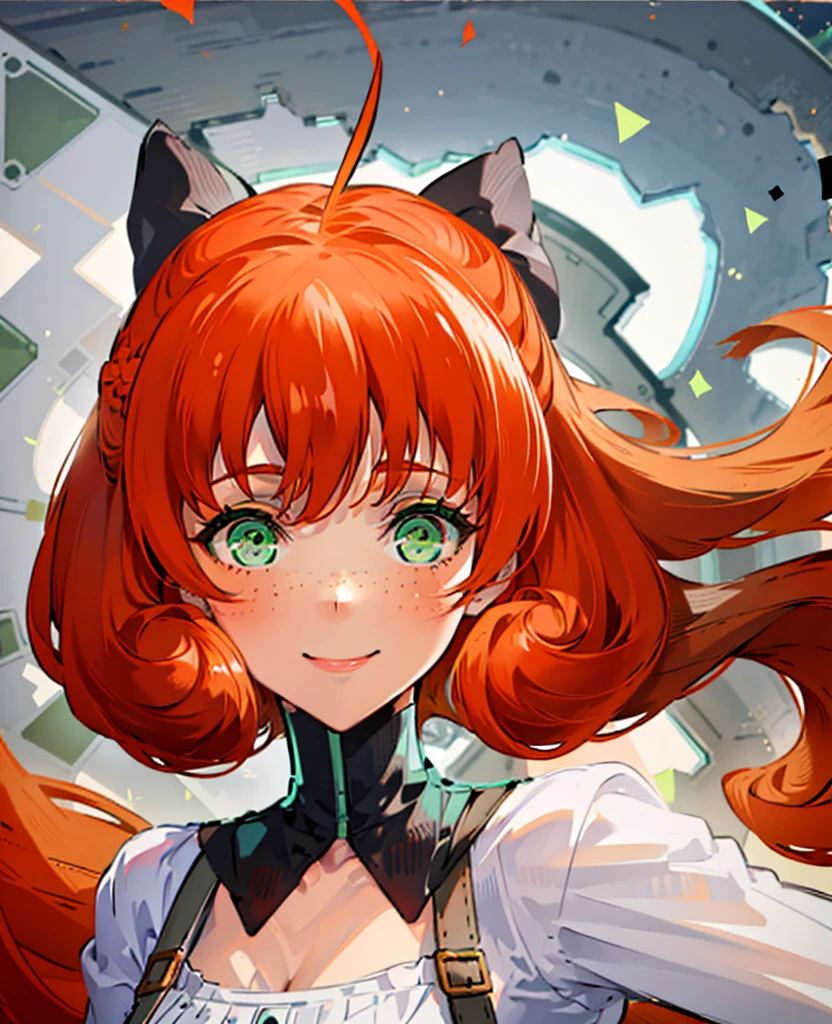 masterpiece, best quality, 1 girl, pennymk2, detailed face, beautiful, green eyes, freckles, black bow, orange hair, smile, smiling, salute