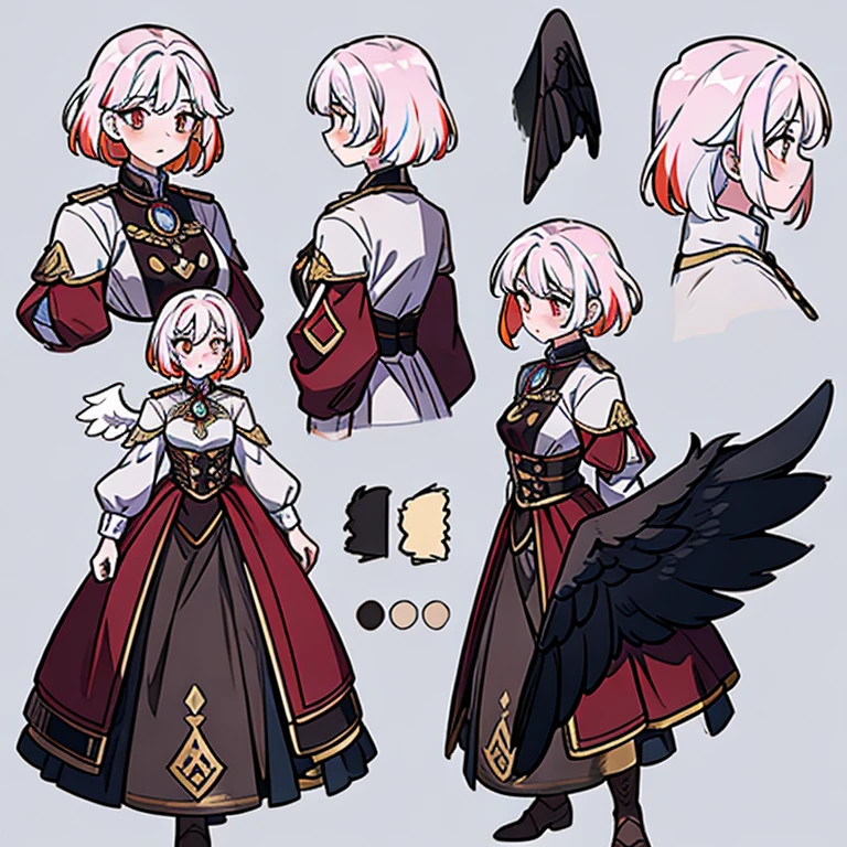 dyed hair, girl, Different pupil, Multicolored wings, Wear a colored coin on your waist with white wings，At the end there are colored feathers and mature tear moles，Conceptual art，Character concept art，Character sketches，reference sheet，Table of Roles，（simple background，White background： 1.3)