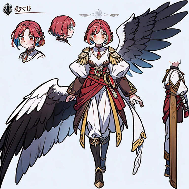 dyed hair, girl, Different pupil, Multicolored wings, Wear a colored coin on your waist with white wings,At the end there are colored feathers and mature tear moles,Conceptual art,Character concept art,Character sketches,reference sheet,Table of Roles,(simple background,White background: 1.3)