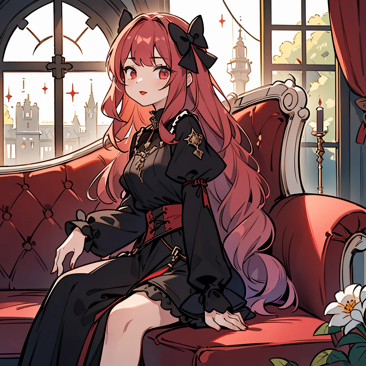 highest quality, table top, 1 girl, my, (thin:1.3), medium breasts, (light purpl hair:1.3), long hair, wavy hair, drill hair, (dull bangs:1.3), looking at the viewer, bow, (Medieval fantasy:1.3), sense of depth, (Hair bow:1.3), (Red Goss Rowley:1.3), horizontal view, (Sit on a Gothic sofa:1.3), (Black sofa:1.2), front angle, (black and white window:1.3), (black interior:1.2), (Red colored lips:1.3), [[[[multiple arms]]]], [[[Tangled legs]]]