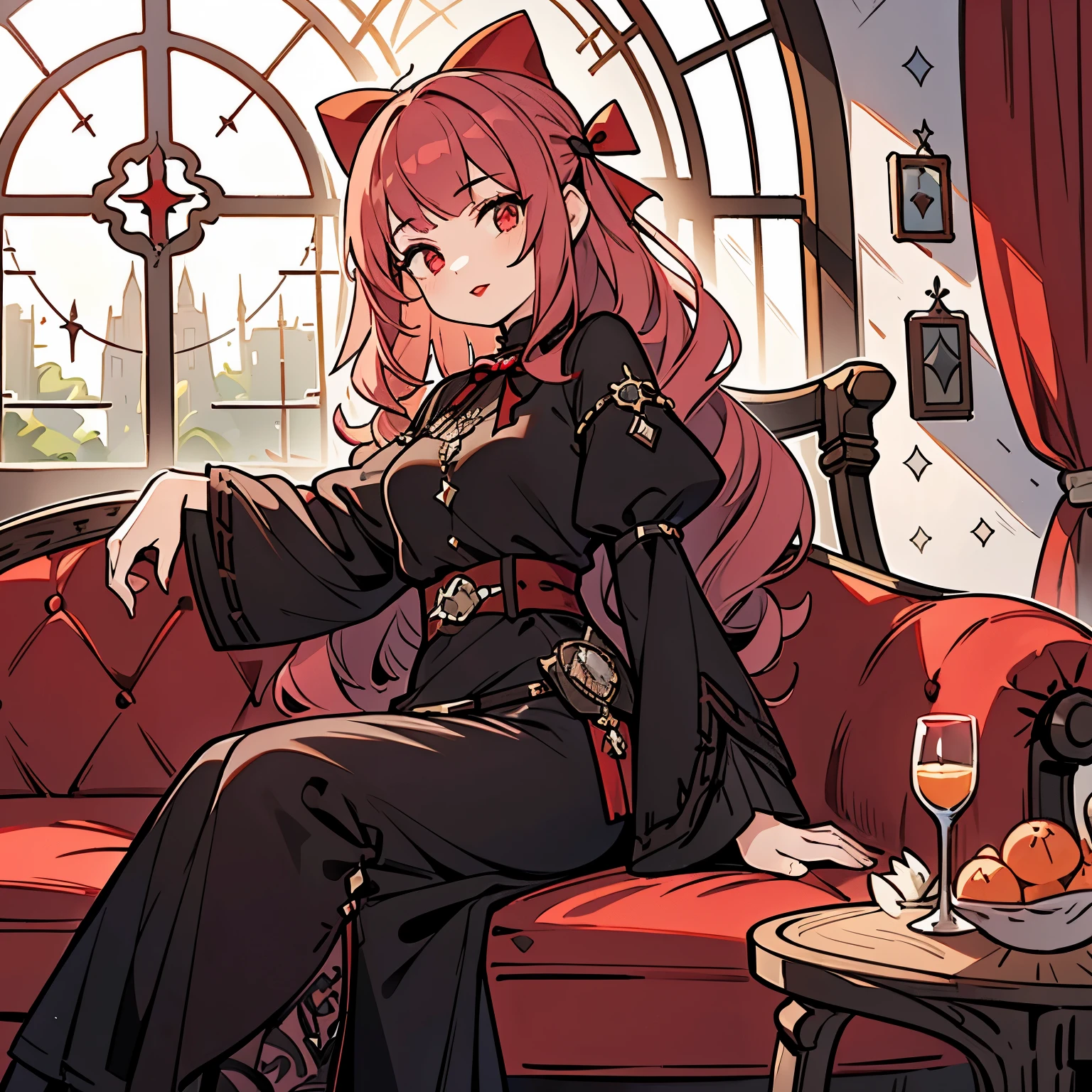 highest quality, table top, 1 girl, my, (thin:1.3), medium breasts, (light purpl hair:1.3), long hair, wavy hair, drill hair, (dull bangs:1.3), looking at the viewer, bow, (Medieval fantasy:1.3), sense of depth, (Hair bow:1.3), (Red Goss Rowley:1.3), horizontal view, (Sit on a Gothic sofa:1.3), (Black sofa:1.2), front angle, (black and white window:1.3), (black interior:1.2), (Red colored lips:1.3), [[[[multiple arms]]]], [[[Tangled legs]]]